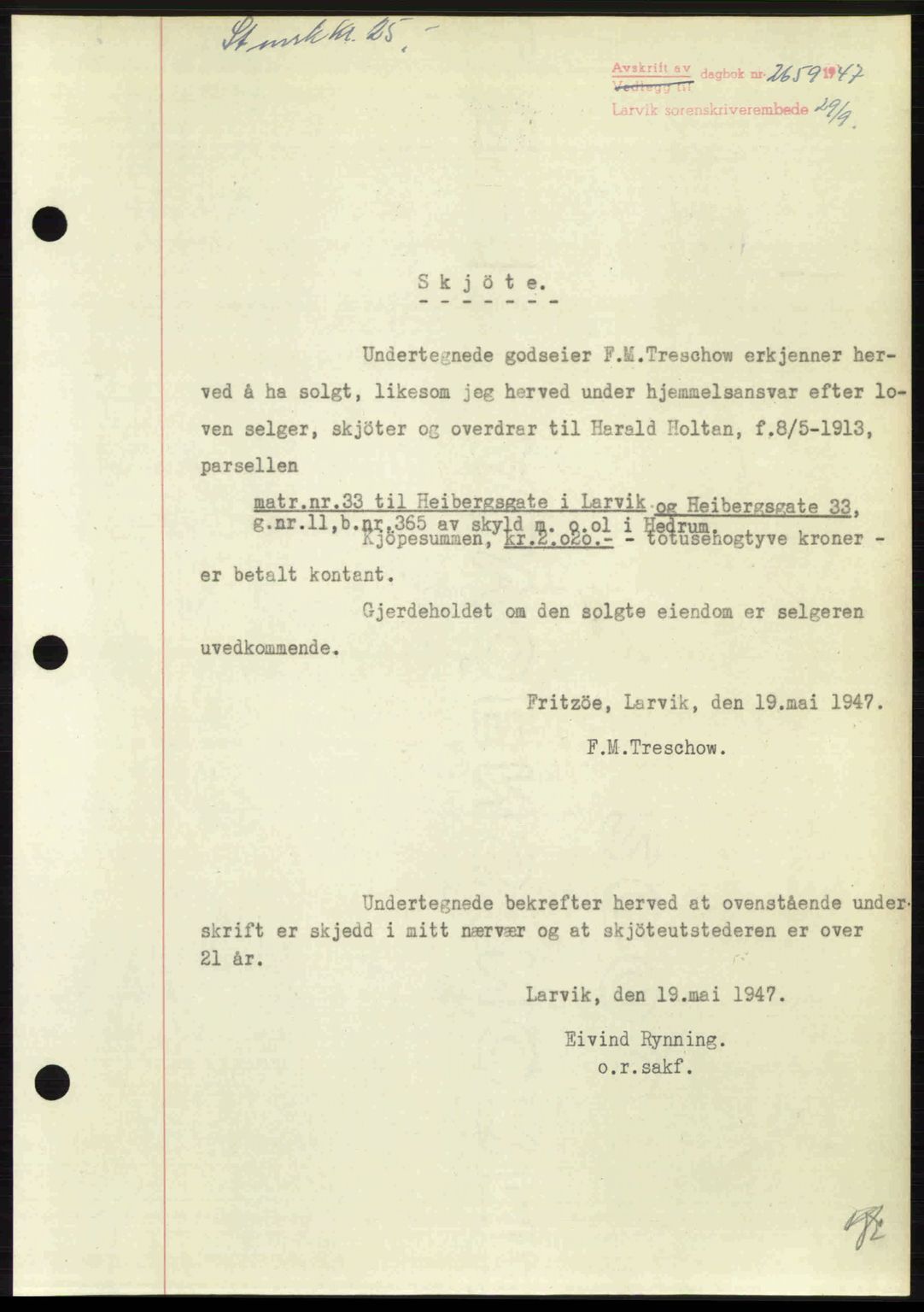 Larvik sorenskriveri, SAKO/A-83/G/Ga/Gab/L0085: Pantebok nr. A-19, 1947-1948, Dagboknr: 2659/1947