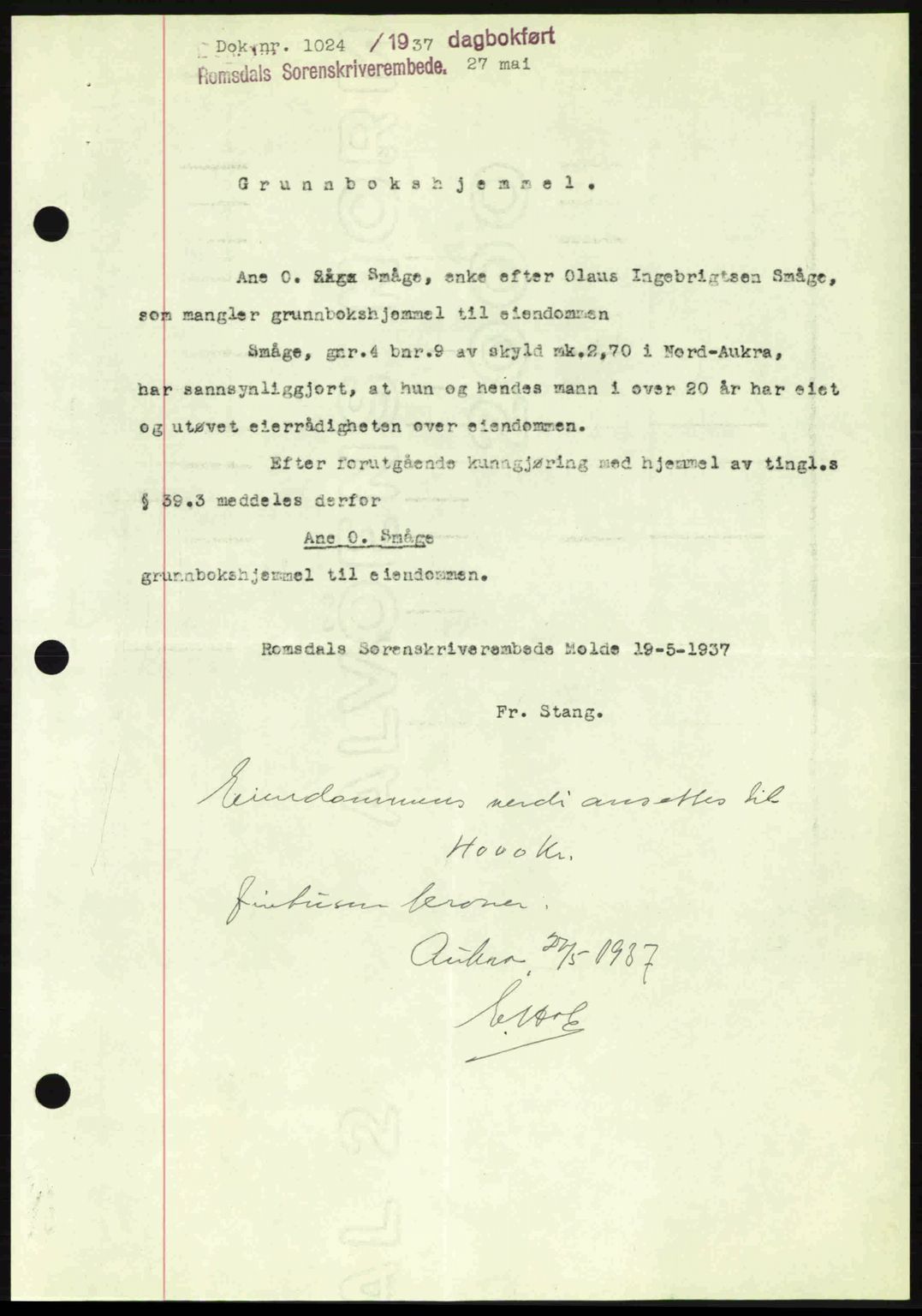 Romsdal sorenskriveri, SAT/A-4149/1/2/2C: Pantebok nr. A3, 1937-1937, Dagboknr: 1024/1937