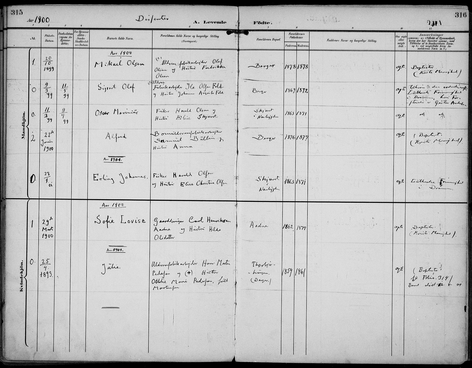 Strømm kirkebøker, AV/SAKO-A-322/F/Fa/L0005: Ministerialbok nr. I 5, 1898-1919, s. 315-316