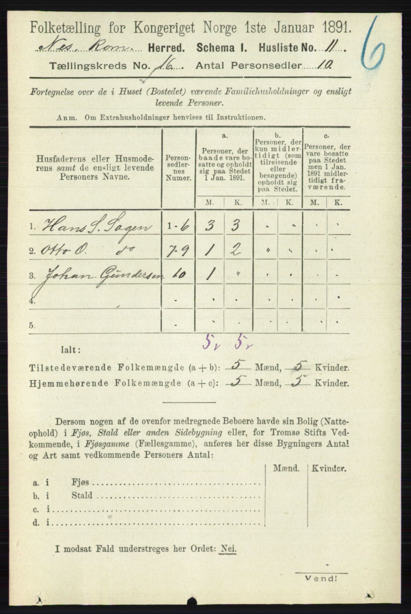 RA, Folketelling 1891 for 0236 Nes herred, 1891, s. 9509