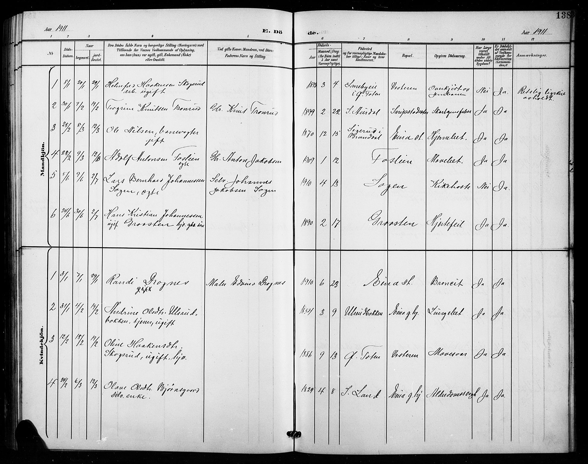 Vestre Toten prestekontor, AV/SAH-PREST-108/H/Ha/Hab/L0016: Klokkerbok nr. 16, 1901-1915, s. 138