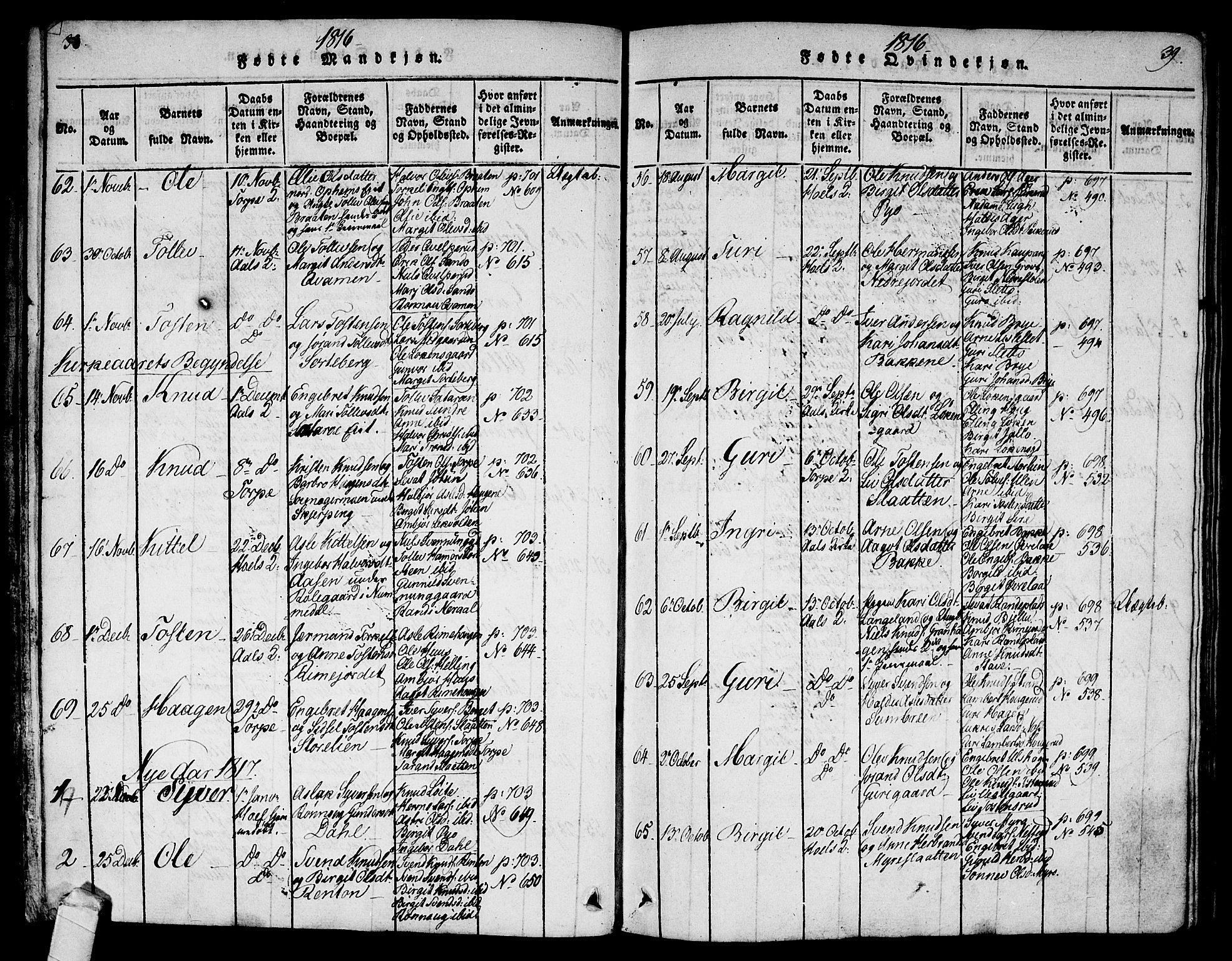 Ål kirkebøker, AV/SAKO-A-249/F/Fa/L0004: Ministerialbok nr. I 4, 1815-1825, s. 38-39
