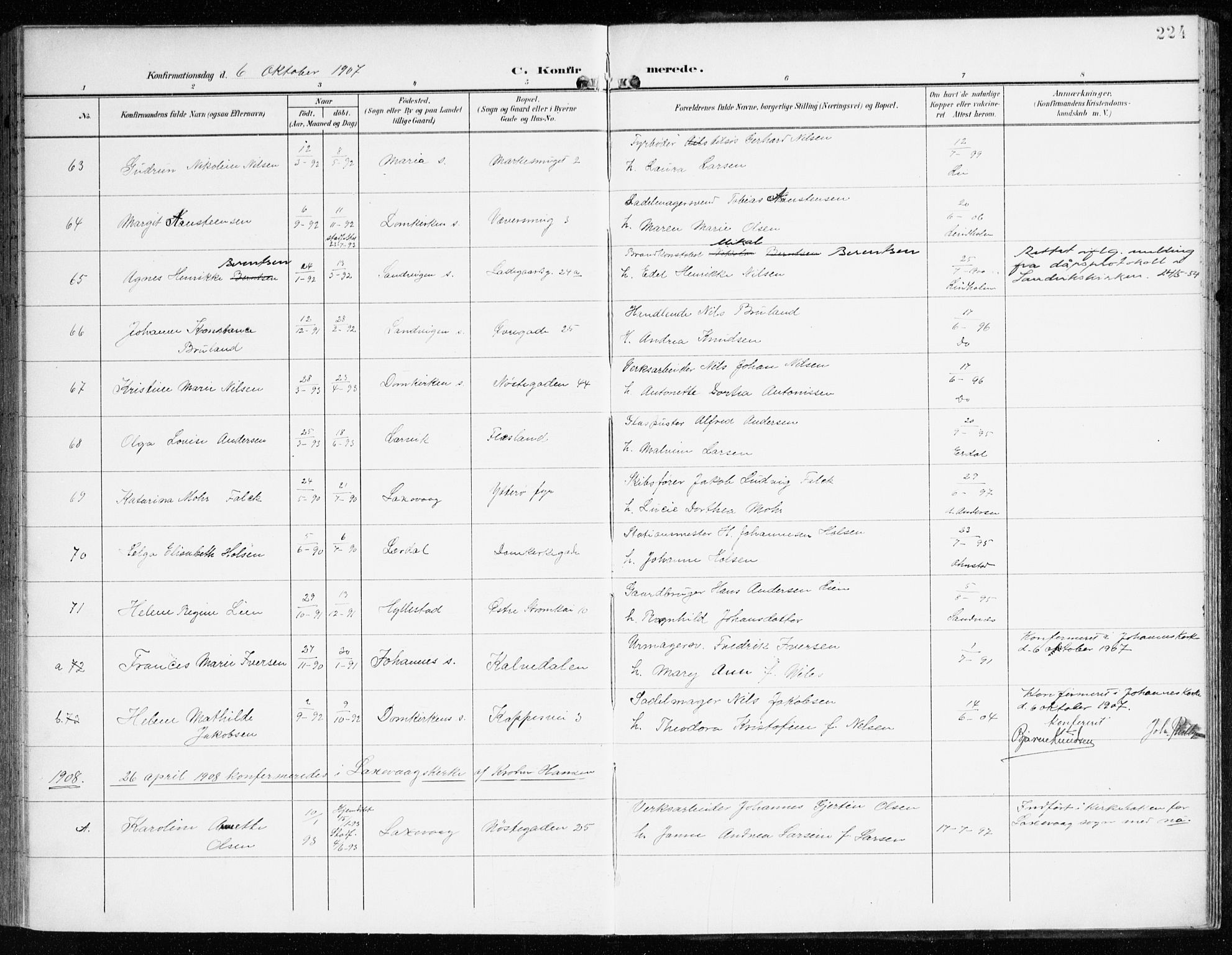 Domkirken sokneprestembete, AV/SAB-A-74801/H/Haa/L0031: Ministerialbok nr. C 6, 1898-1915, s. 224