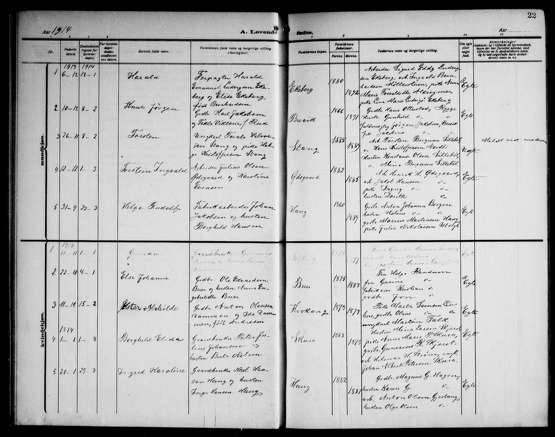 Enebakk prestekontor Kirkebøker, AV/SAO-A-10171c/G/Ga/L0007: Klokkerbok nr. I 7, 1911-1949, s. 22