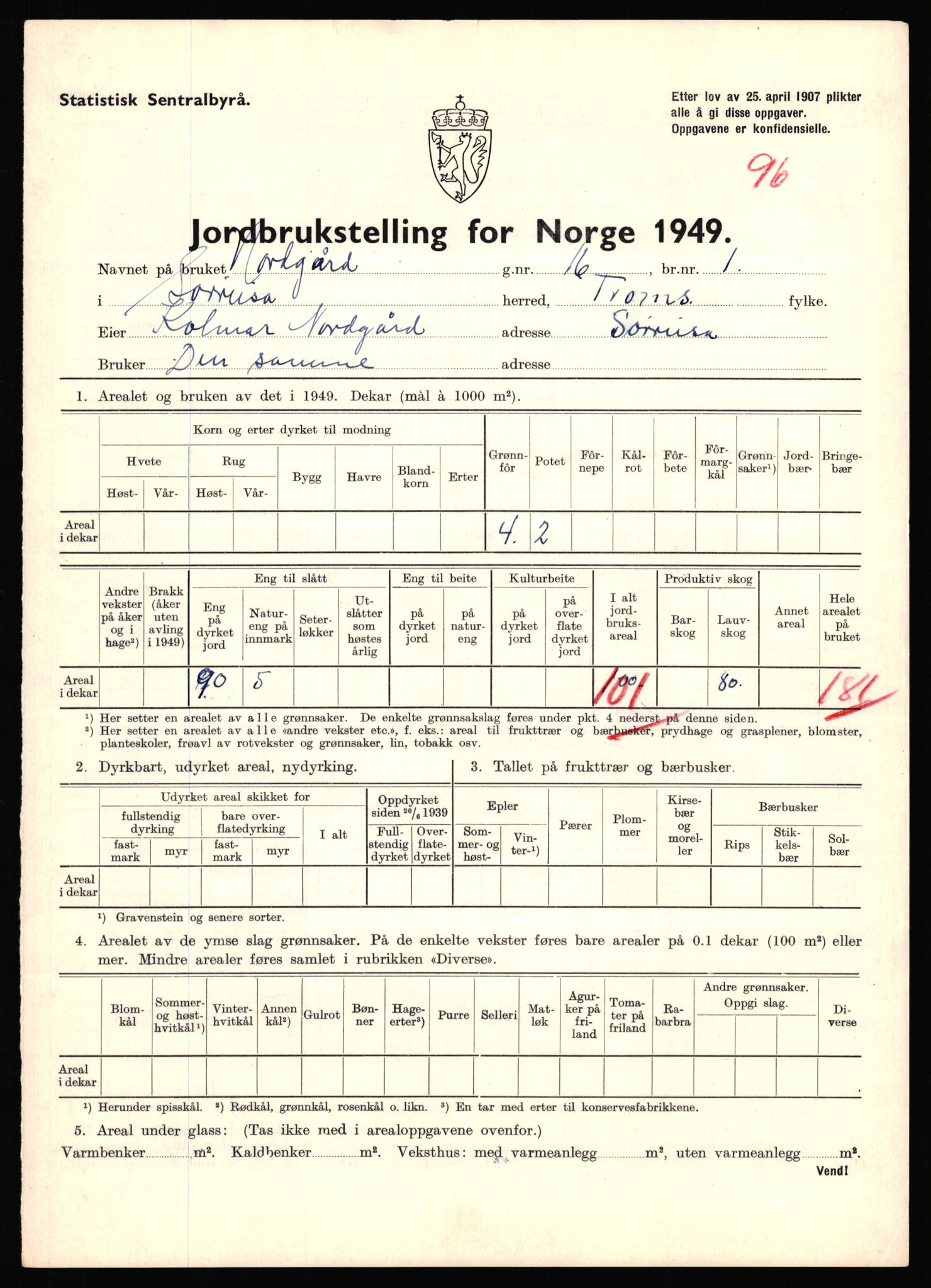 Statistisk sentralbyrå, Næringsøkonomiske emner, Jordbruk, skogbruk, jakt, fiske og fangst, AV/RA-S-2234/G/Gc/L0440: Troms: Sørreisa og Dyrøy, 1949, s. 868