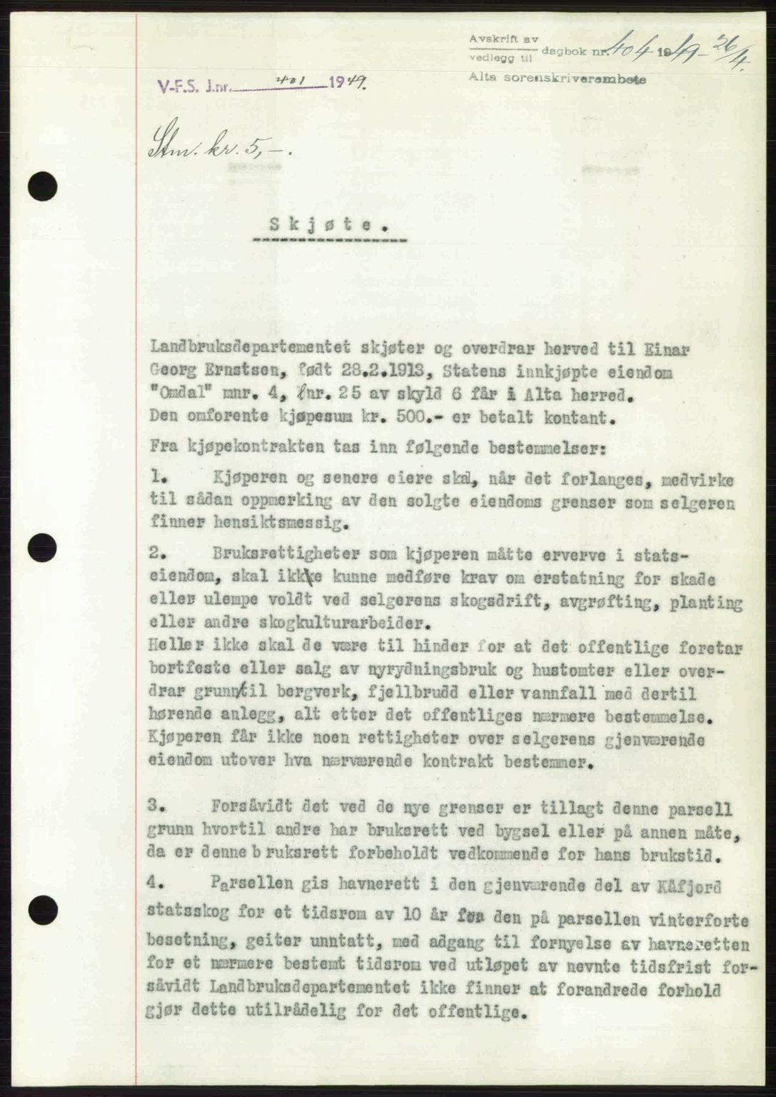 Alta fogderi/sorenskriveri, SATØ/SATØ-5/1/K/Kd/L0037pantebok: Pantebok nr. 39-40, 1948-1949, Dagboknr: 404/1949