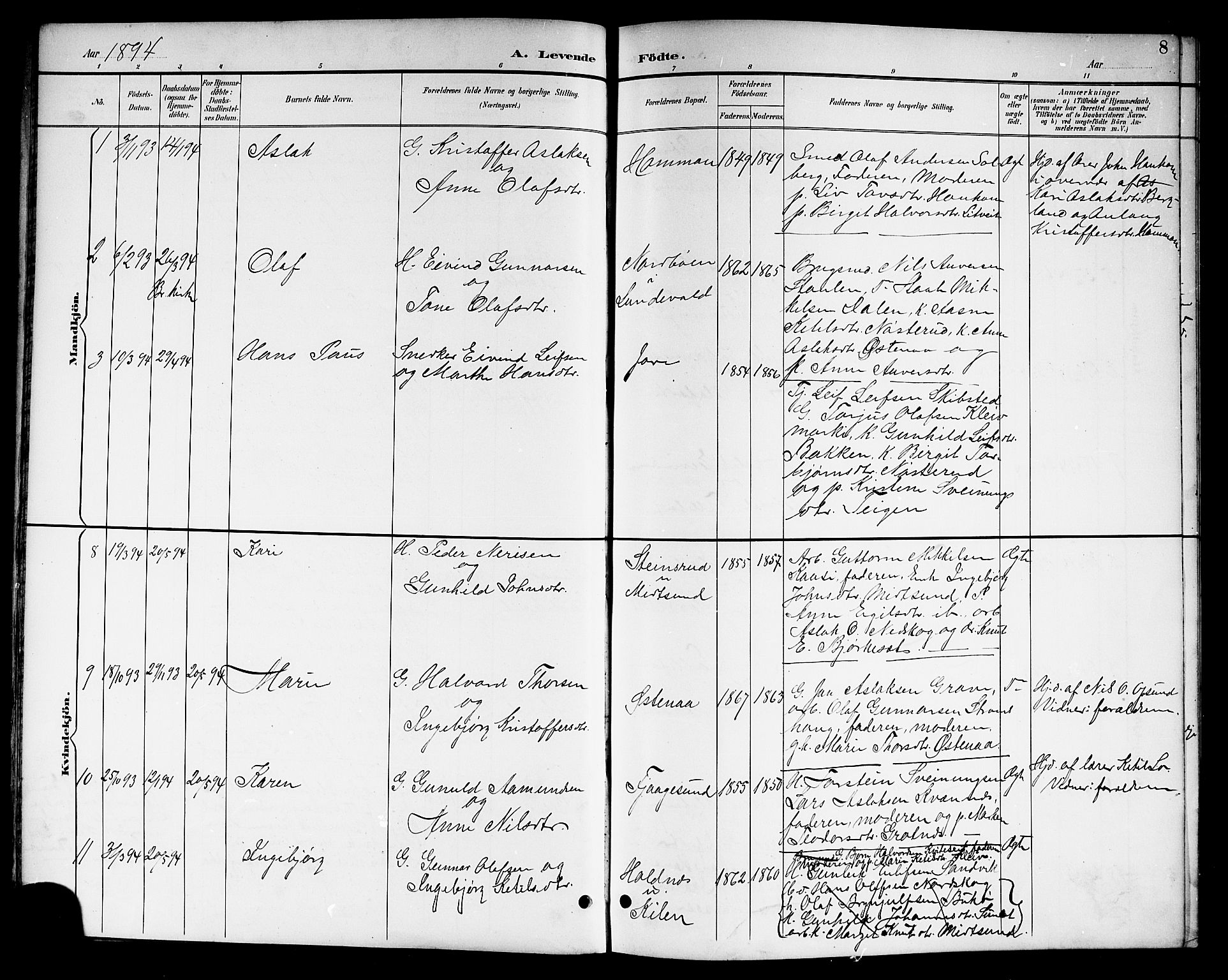 Kviteseid kirkebøker, AV/SAKO-A-276/G/Ga/L0002: Klokkerbok nr. I 2, 1893-1918, s. 8