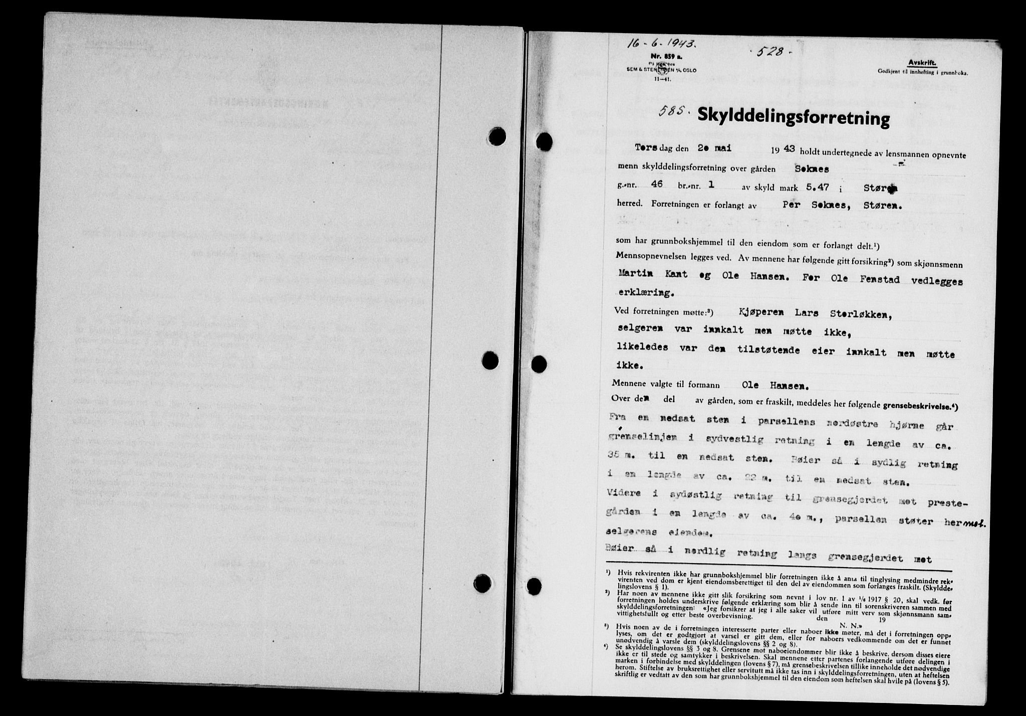 Gauldal sorenskriveri, SAT/A-0014/1/2/2C/L0056: Pantebok nr. 61, 1942-1943, Dagboknr: 585/1943