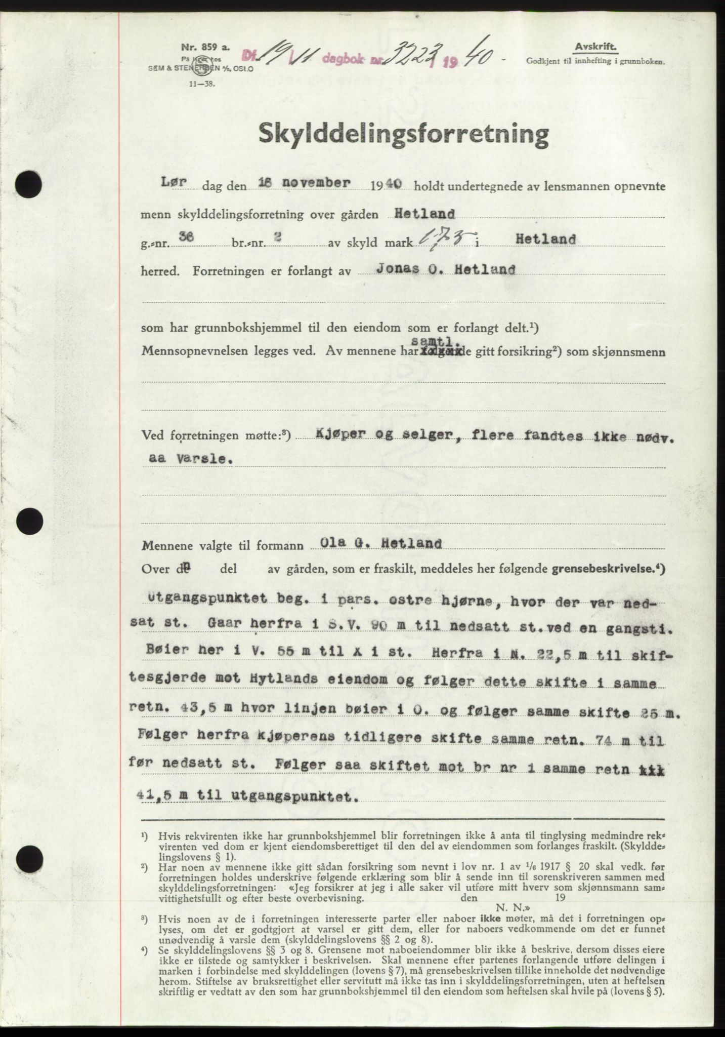 Jæren sorenskriveri, SAST/A-100310/03/G/Gba/L0078: Pantebok, 1940-1940, Dagboknr: 3223/1940