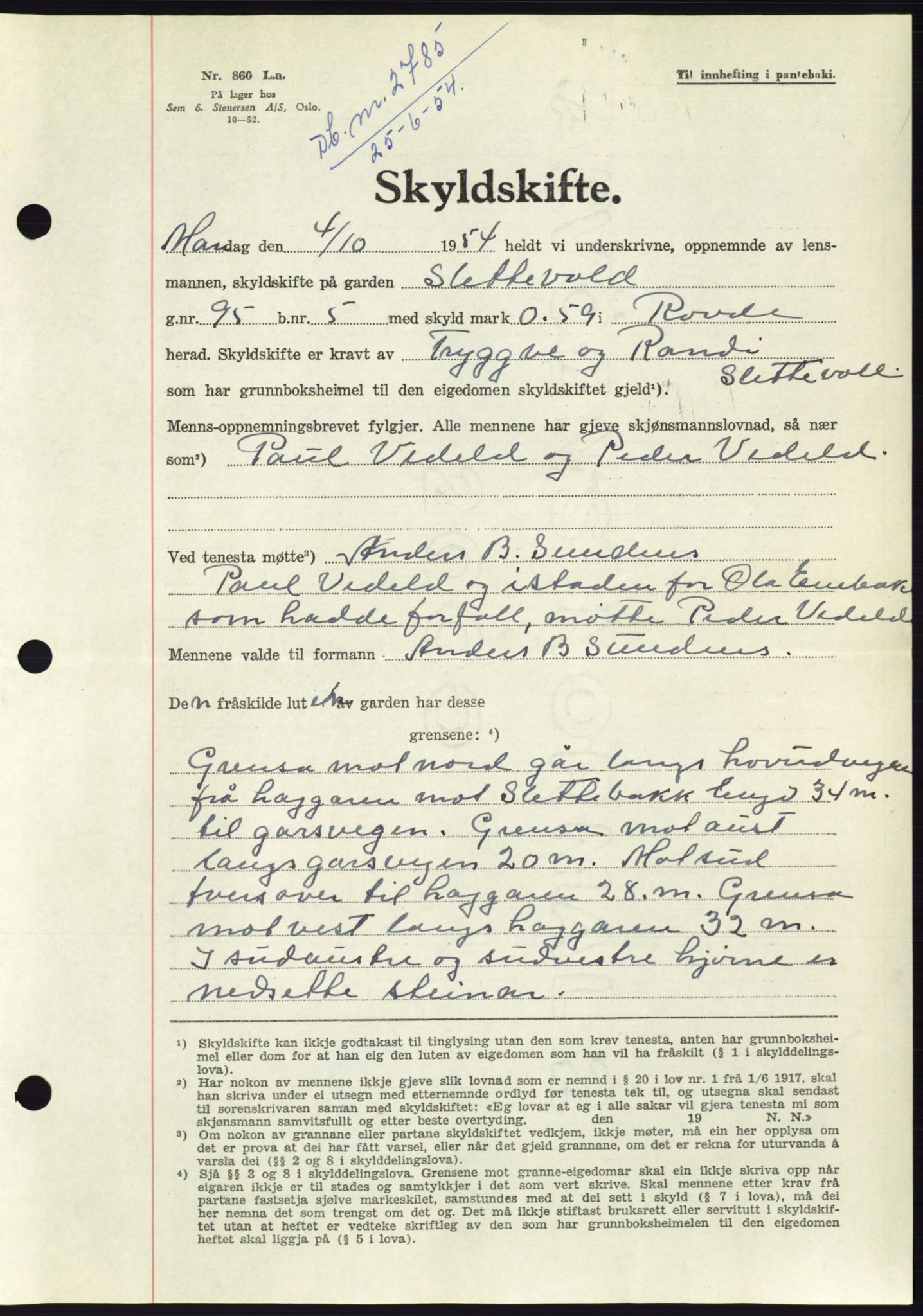 Søre Sunnmøre sorenskriveri, AV/SAT-A-4122/1/2/2C/L0099: Pantebok nr. 25A, 1954-1954, Dagboknr: 2785/1954