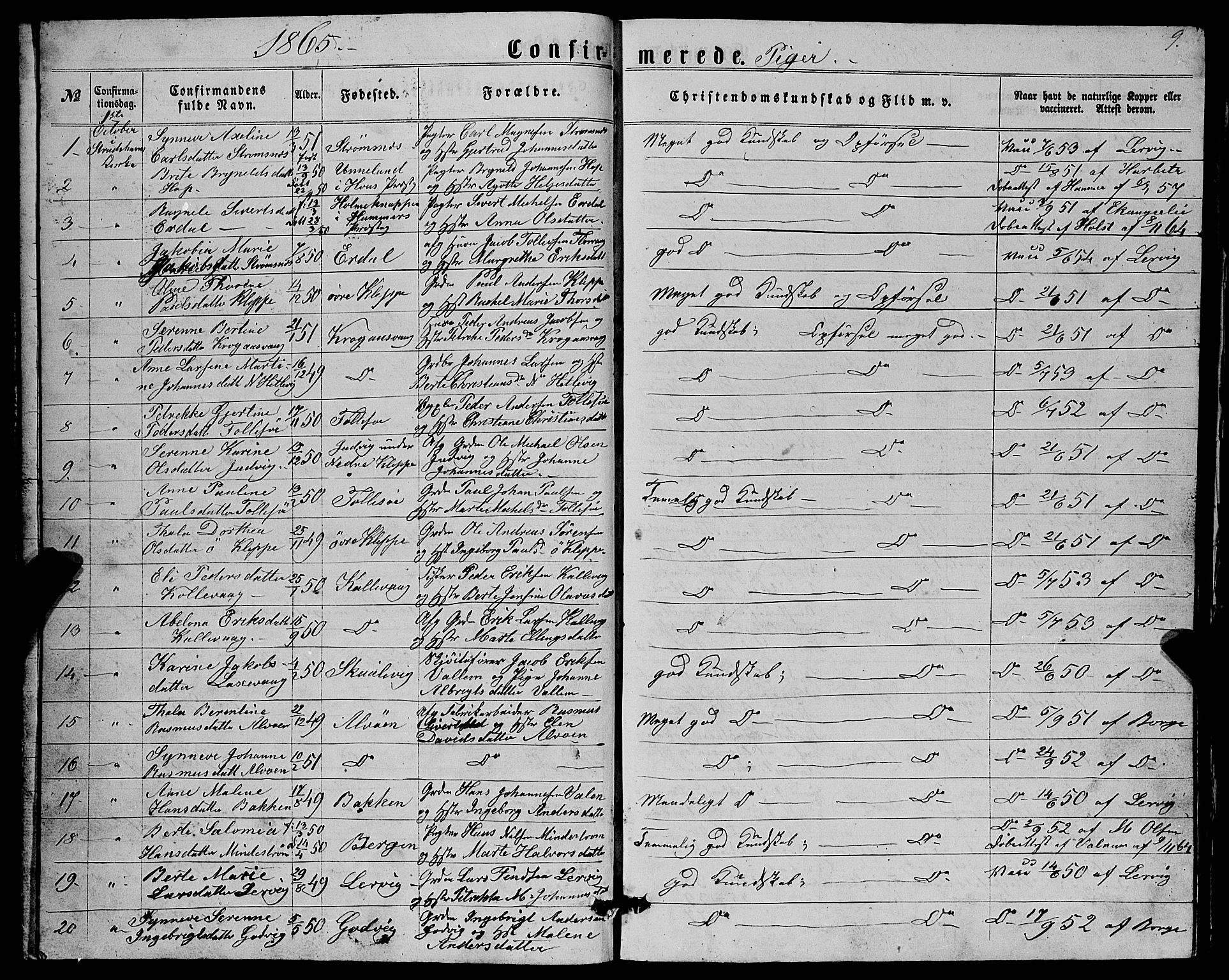 Askøy Sokneprestembete, AV/SAB-A-74101/H/Ha/Hab/Haba/L0006: Klokkerbok nr. A 6, 1861-1881, s. 9