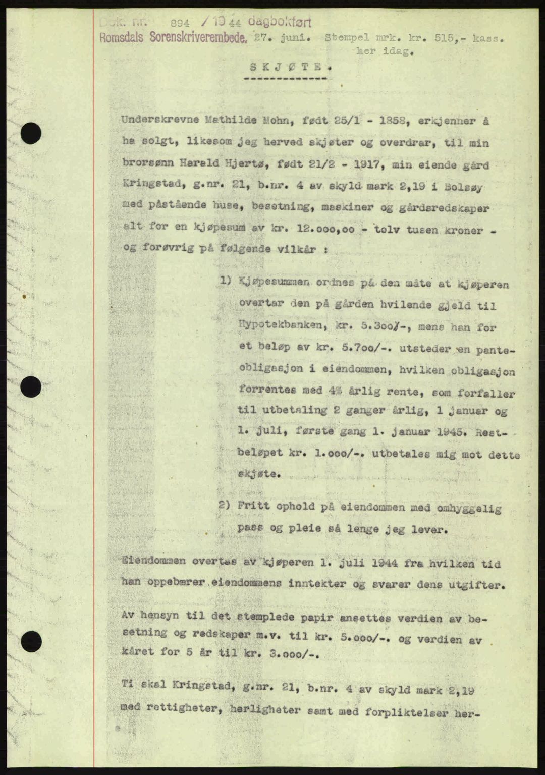 Romsdal sorenskriveri, SAT/A-4149/1/2/2C: Pantebok nr. A16, 1944-1944, Dagboknr: 894/1944