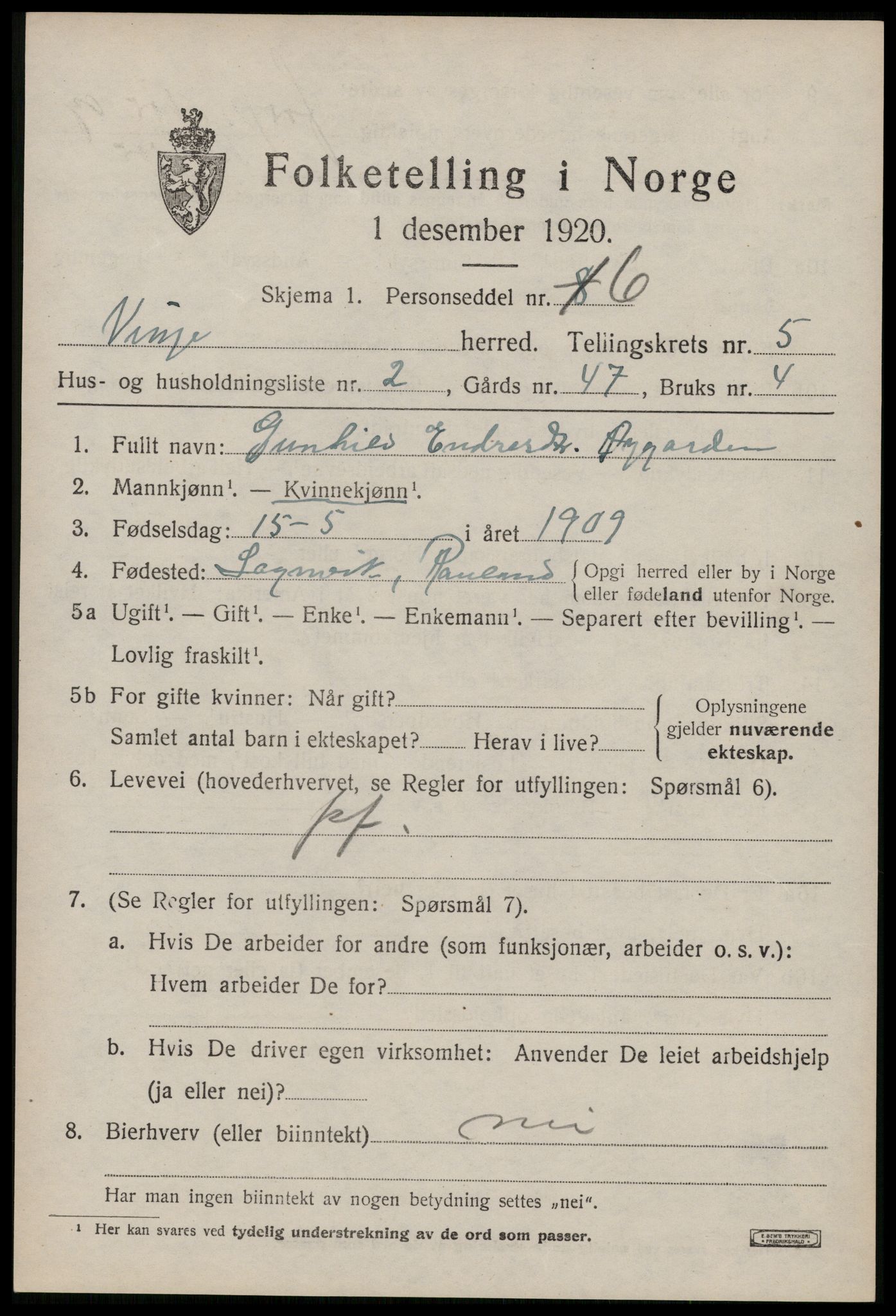 SAKO, Folketelling 1920 for 0834 Vinje herred, 1920, s. 1625