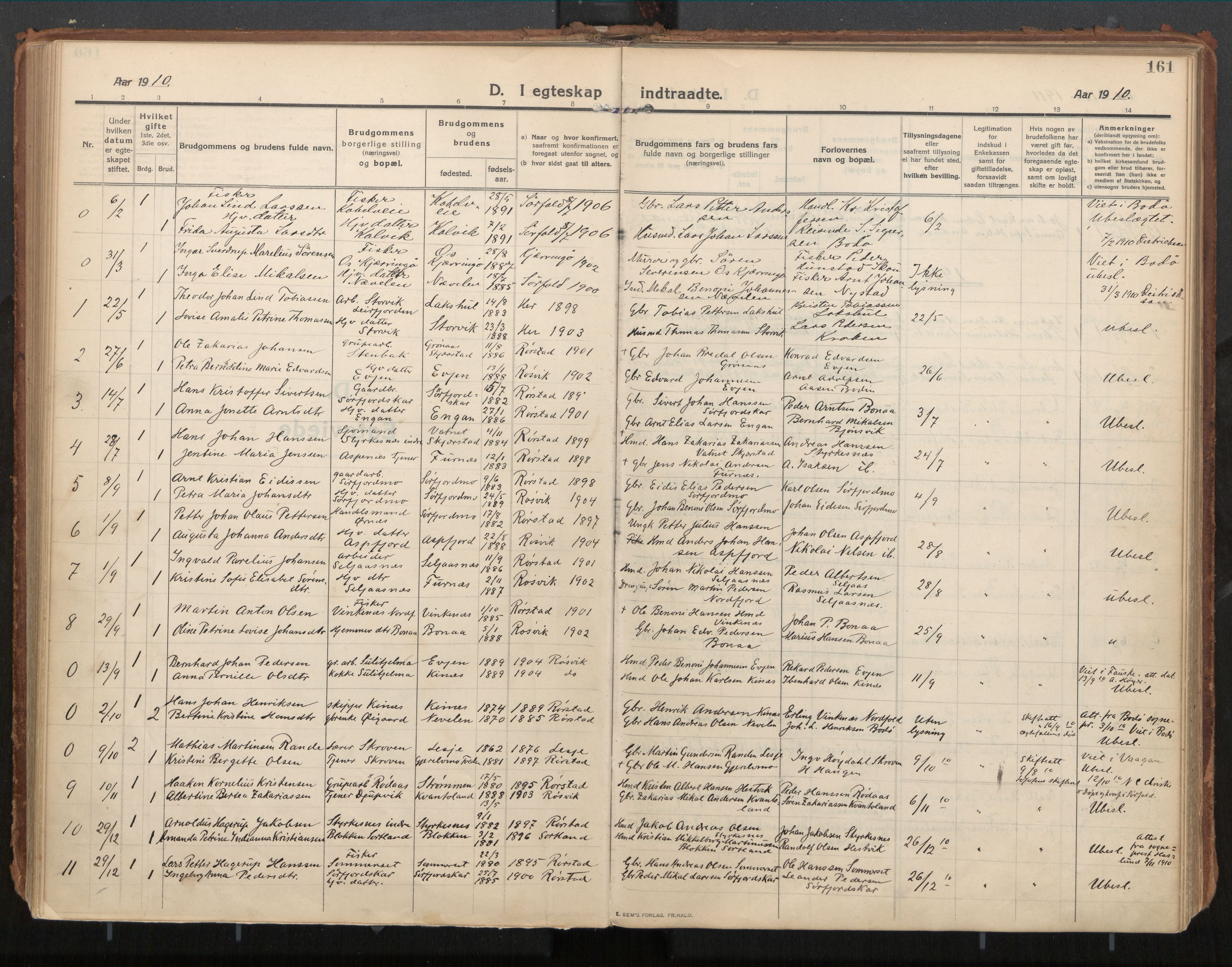 Ministerialprotokoller, klokkerbøker og fødselsregistre - Nordland, AV/SAT-A-1459/854/L0784: Ministerialbok nr. 854A07, 1910-1922, s. 161