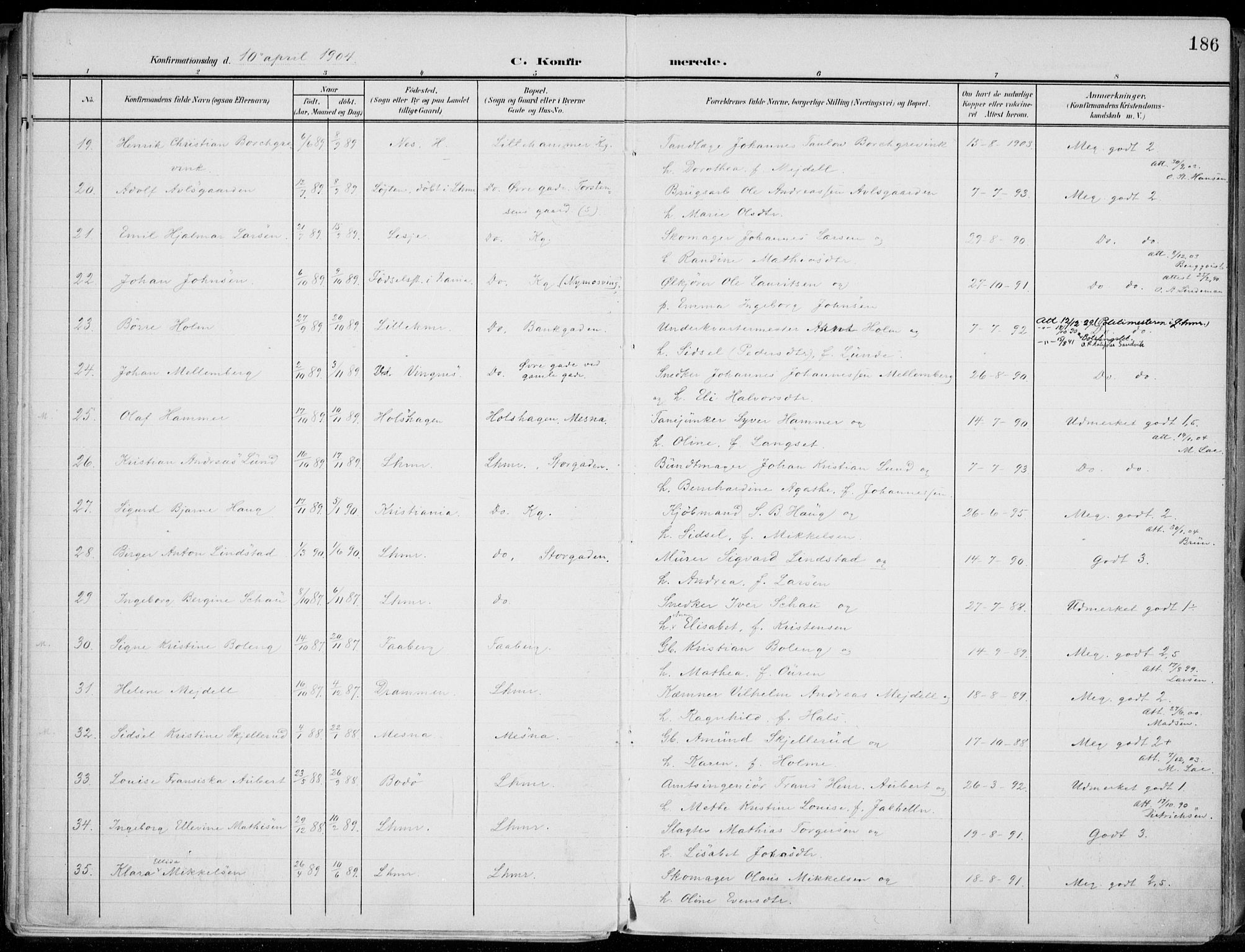 Lillehammer prestekontor, AV/SAH-PREST-088/H/Ha/Haa/L0001: Ministerialbok nr. 1, 1901-1916, s. 186