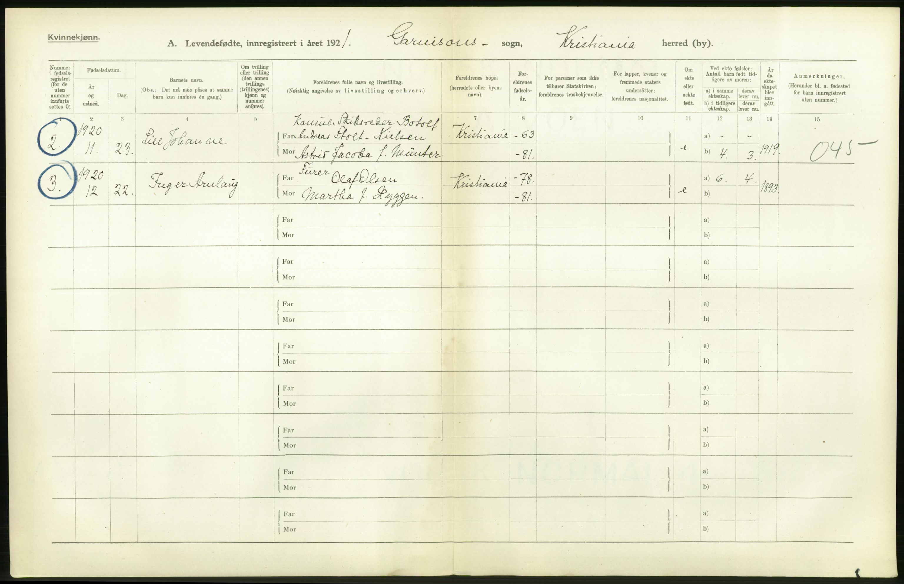 Statistisk sentralbyrå, Sosiodemografiske emner, Befolkning, RA/S-2228/D/Df/Dfc/Dfca/L0009: Kristiania: Levendefødte menn og kvinner., 1921, s. 364