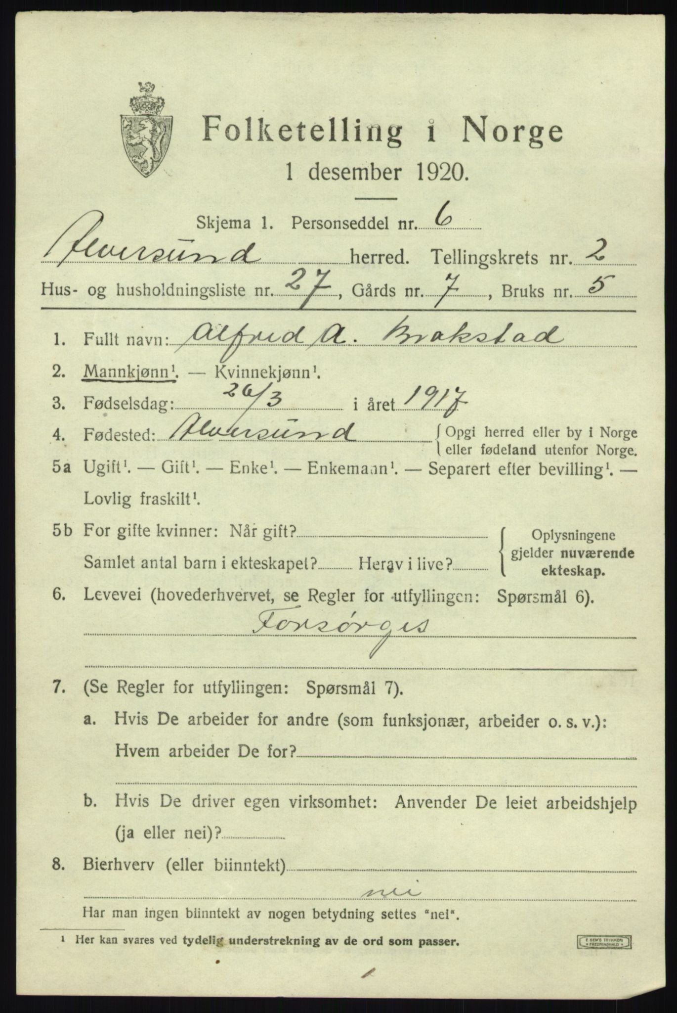 SAB, Folketelling 1920 for 1257 Alversund herred, 1920, s. 1998