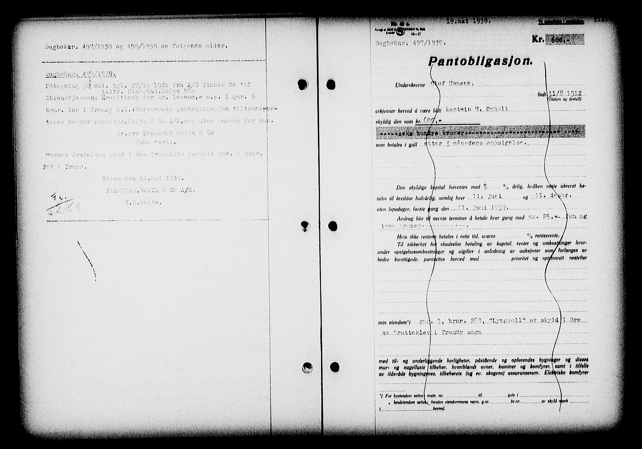 Nedenes sorenskriveri, SAK/1221-0006/G/Gb/Gba/L0046: Pantebok nr. 42, 1938-1939, Dagboknr: 497/1939