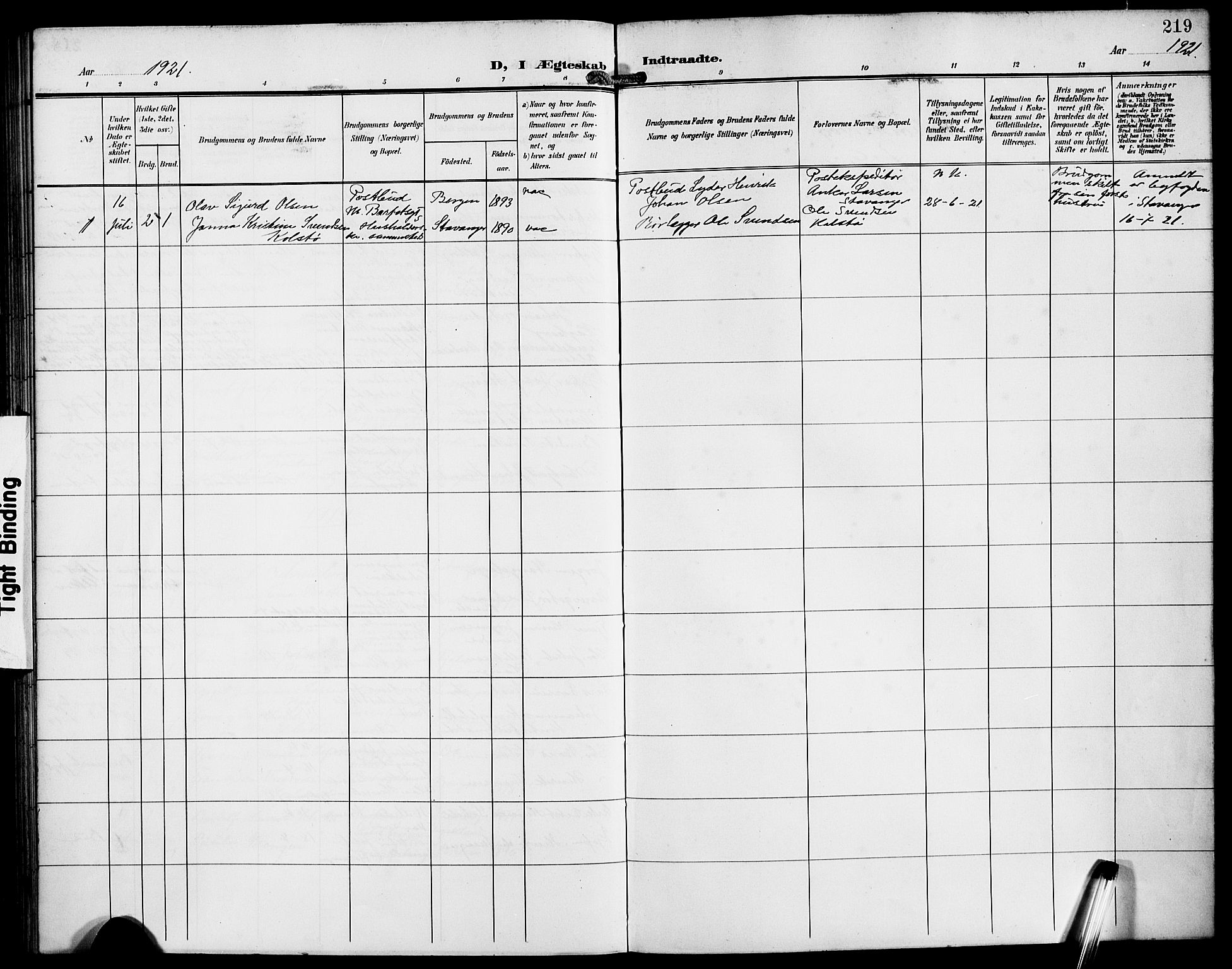 Domkirken sokneprestembete, SAB/A-74801/H/Hab/L0033: Klokkerbok nr. D 5, 1907-1924, s. 219