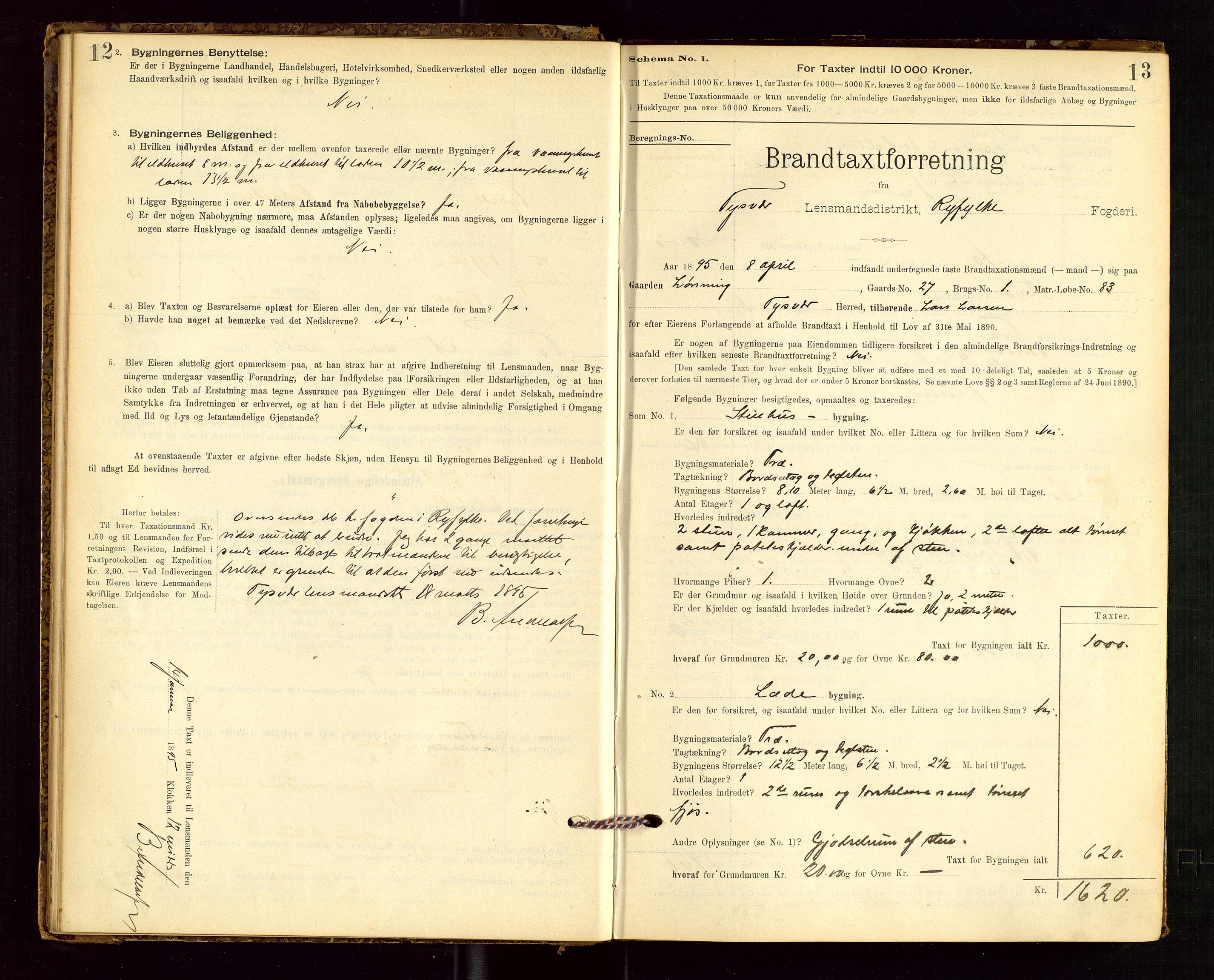 Tysvær lensmannskontor, AV/SAST-A-100192/Gob/L0001: "Brandtaxationsprotokol for Tysvær Lensmandsdistrikt Ryfylke Fogderi", 1894-1916, s. 12-13