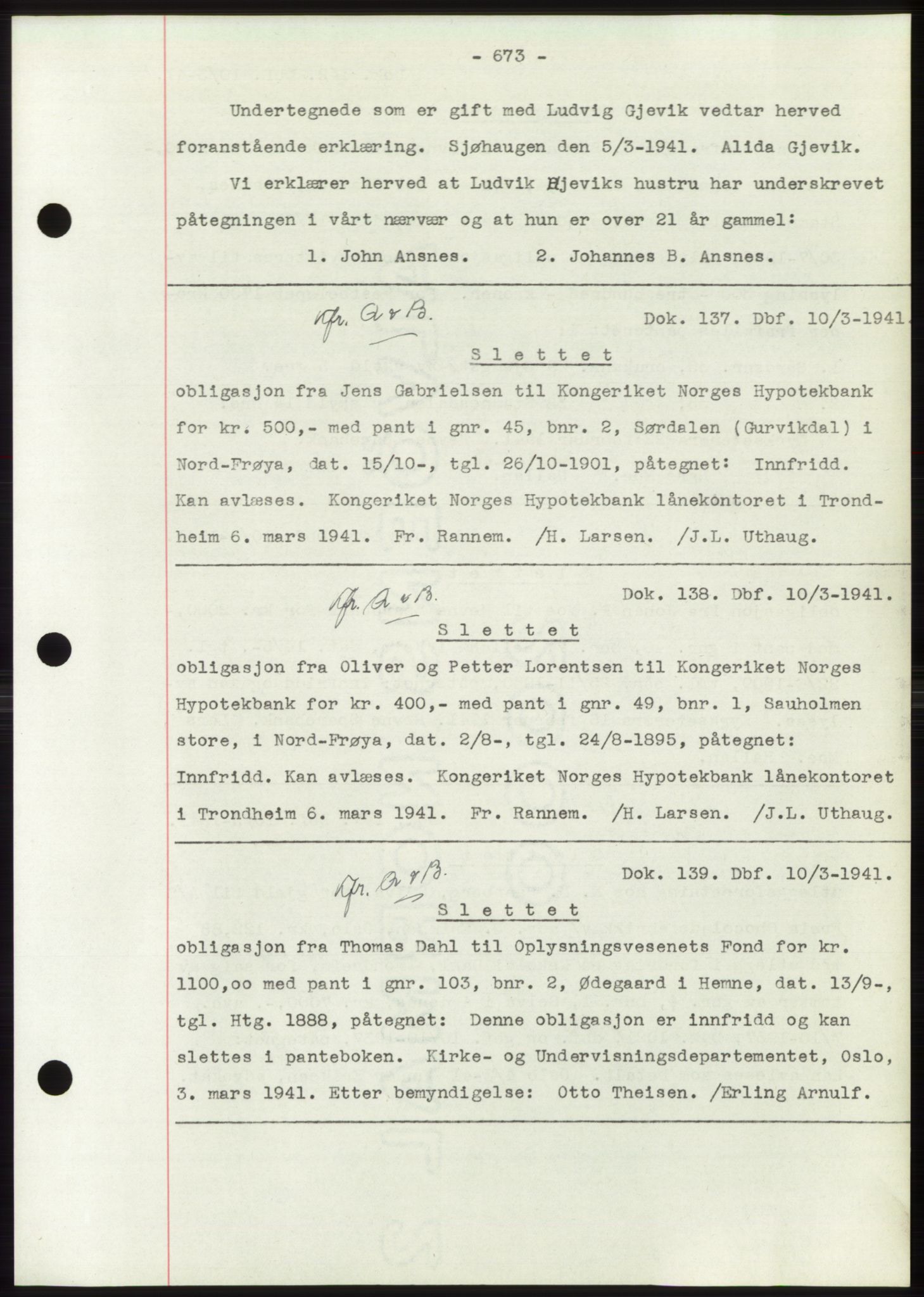 Hitra sorenskriveri, AV/SAT-A-0018/2/2C/2Ca: Pantebok nr. C1, 1936-1945, Dagboknr: 137/1941