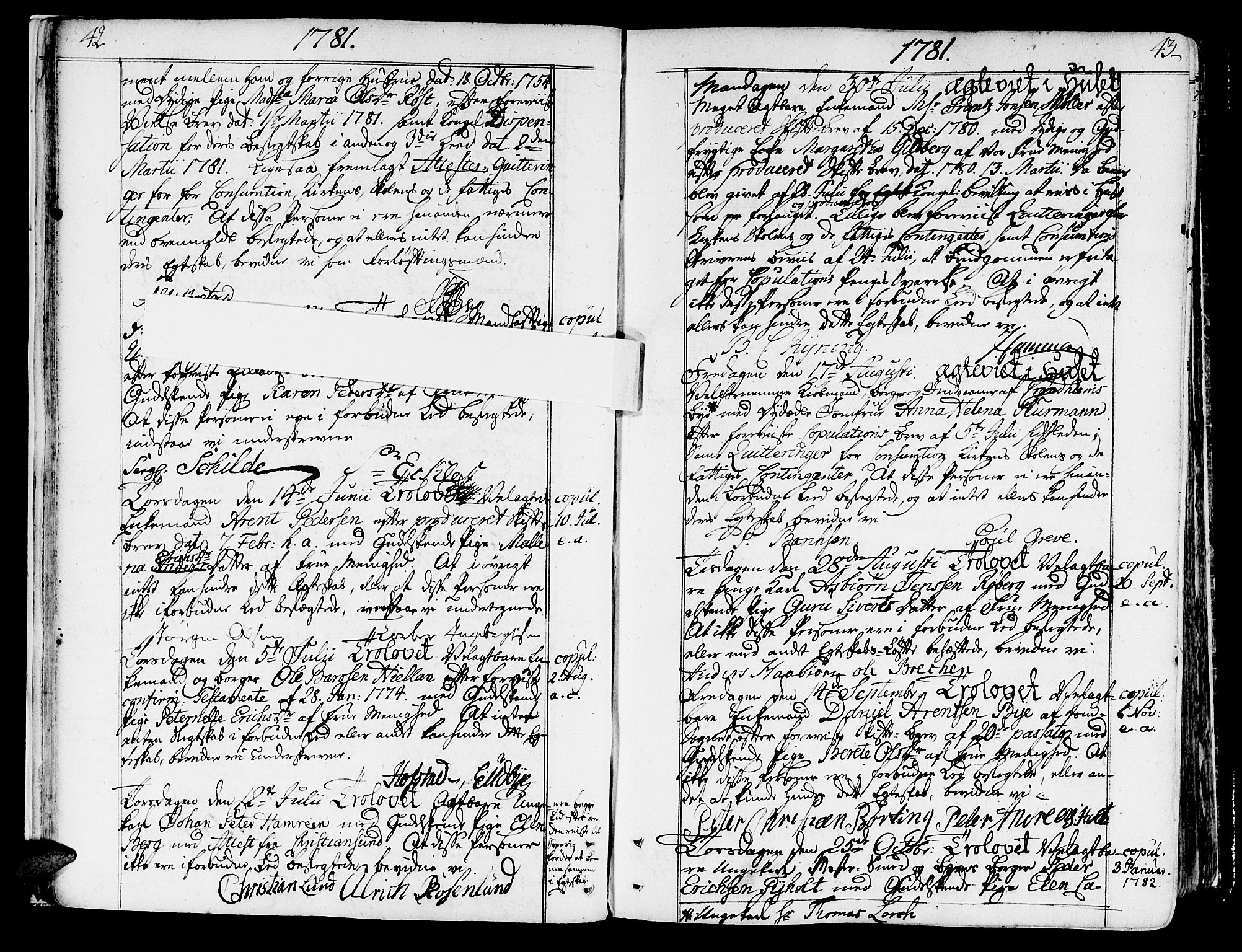 Ministerialprotokoller, klokkerbøker og fødselsregistre - Sør-Trøndelag, SAT/A-1456/602/L0105: Ministerialbok nr. 602A03, 1774-1814, s. 42-43