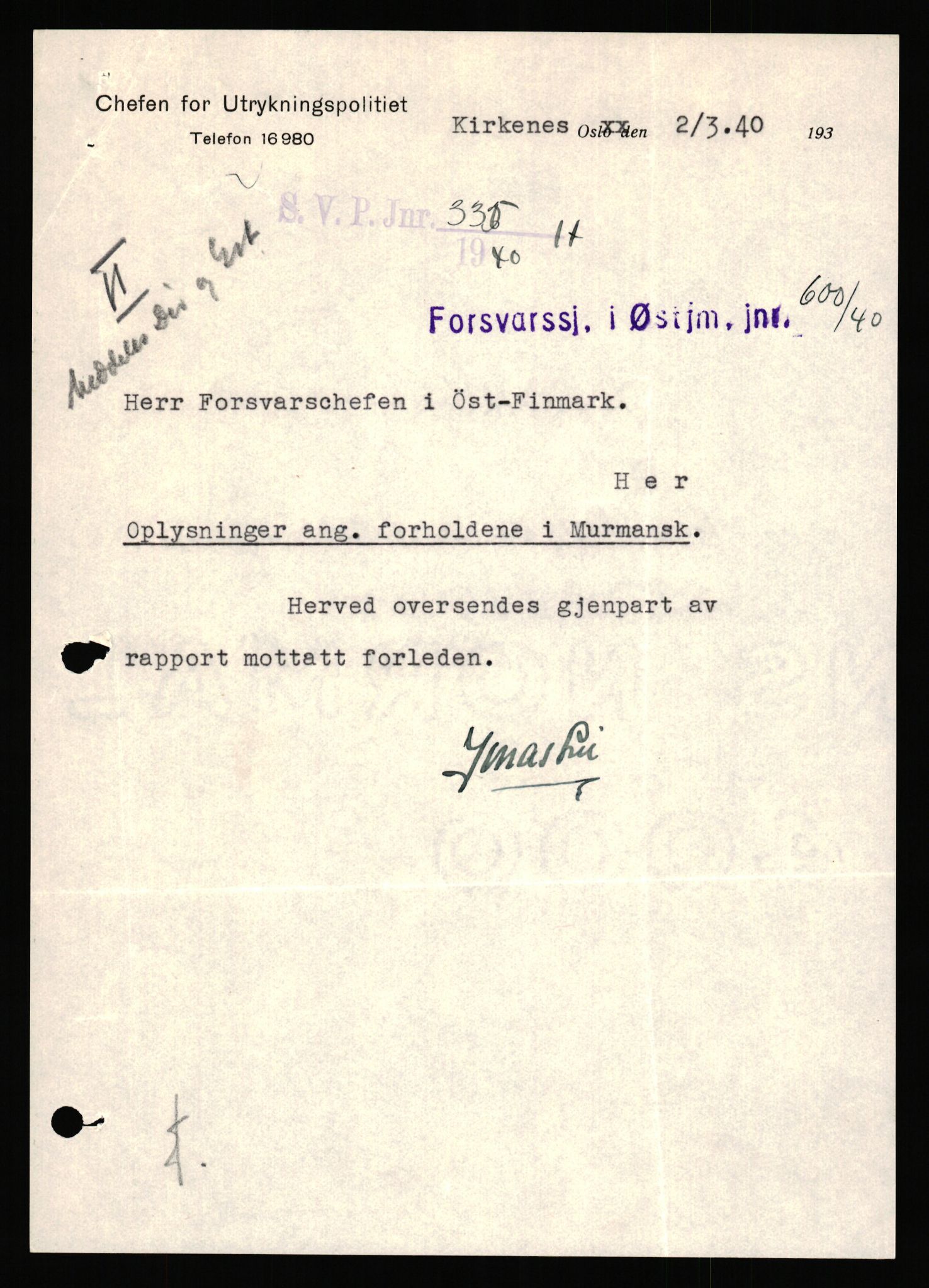 Forsvaret, Forsvarets krigshistoriske avdeling, RA/RAFA-2017/Y/Yb/L0151: II-C-11-645  -  6. Divisjon: avsnittsjefen i Øst-Finnmark, 1940, s. 745