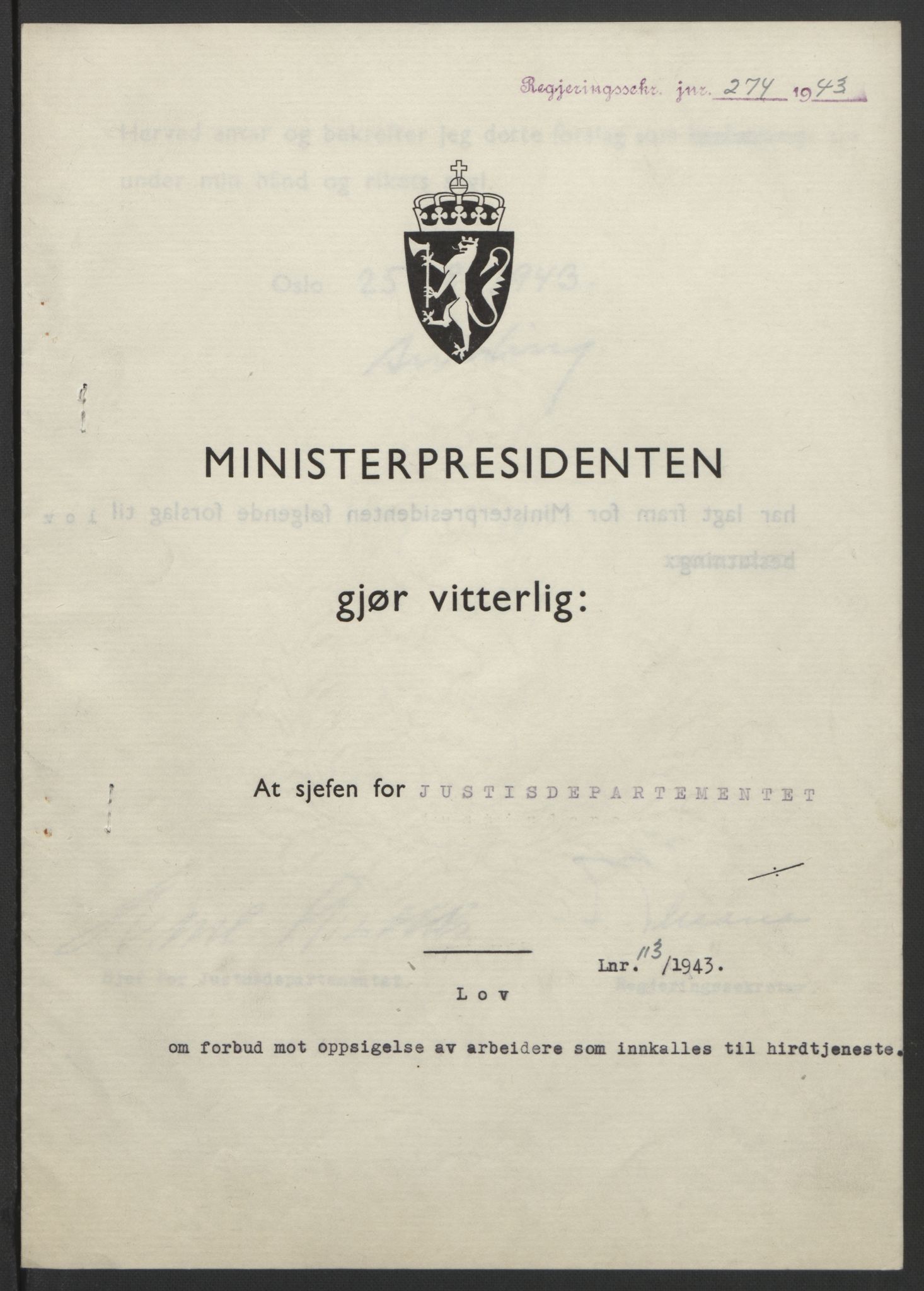 NS-administrasjonen 1940-1945 (Statsrådsekretariatet, de kommisariske statsråder mm), RA/S-4279/D/Db/L0099: Lover, 1943, s. 527