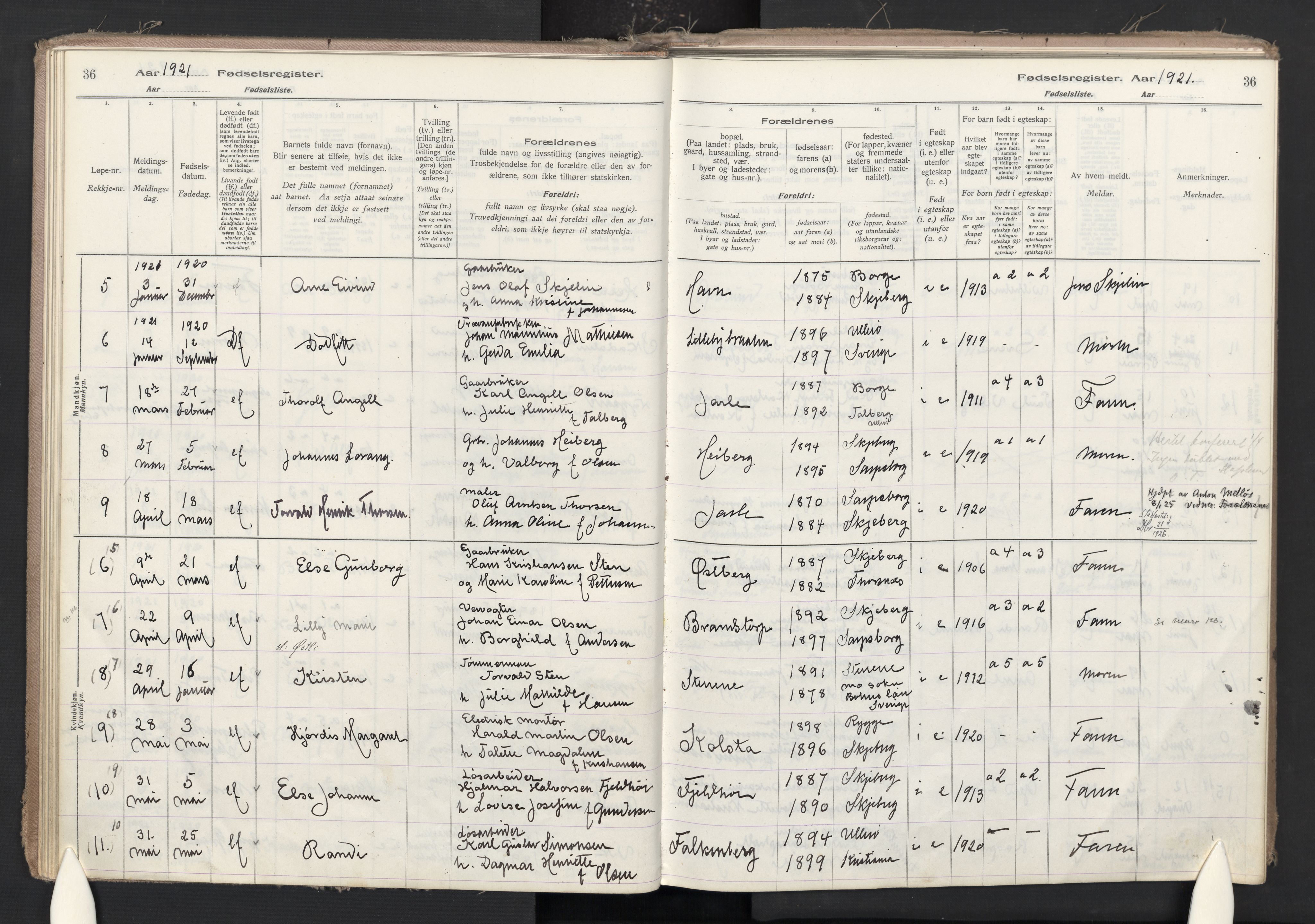 Skjeberg prestekontor Kirkebøker, AV/SAO-A-10923/J/Ja/L0001: Fødselsregister nr. I 1, 1916-1945, s. 36