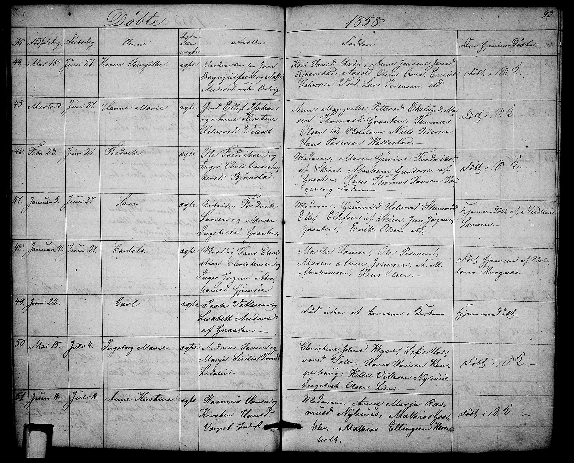 Solum kirkebøker, AV/SAKO-A-306/G/Ga/L0003: Klokkerbok nr. I 3, 1848-1859, s. 93