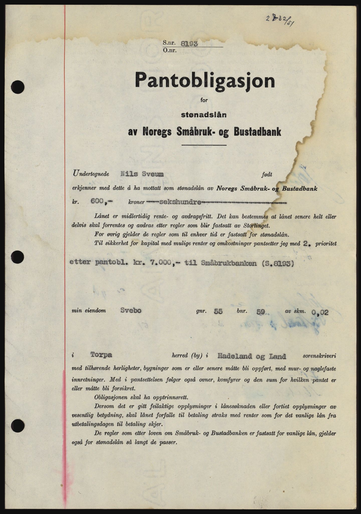 Hadeland og Land tingrett, SAH/TING-010/H/Hb/Hbc/L0022: Pantebok nr. B22, 1951-1951, Dagboknr: 2732/1951