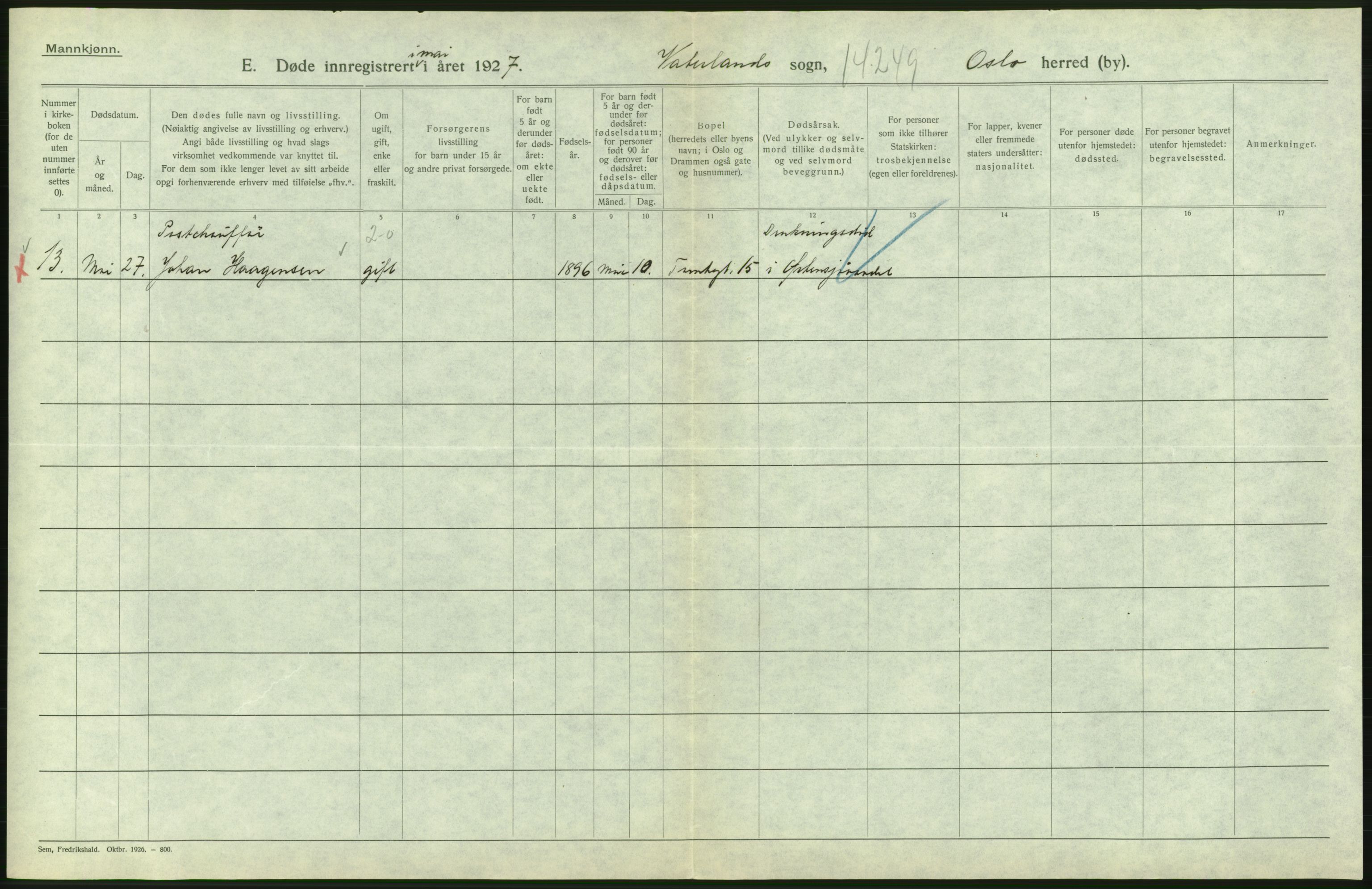 Statistisk sentralbyrå, Sosiodemografiske emner, Befolkning, AV/RA-S-2228/D/Df/Dfc/Dfcg/L0009: Oslo: Døde menn, 1927, s. 584