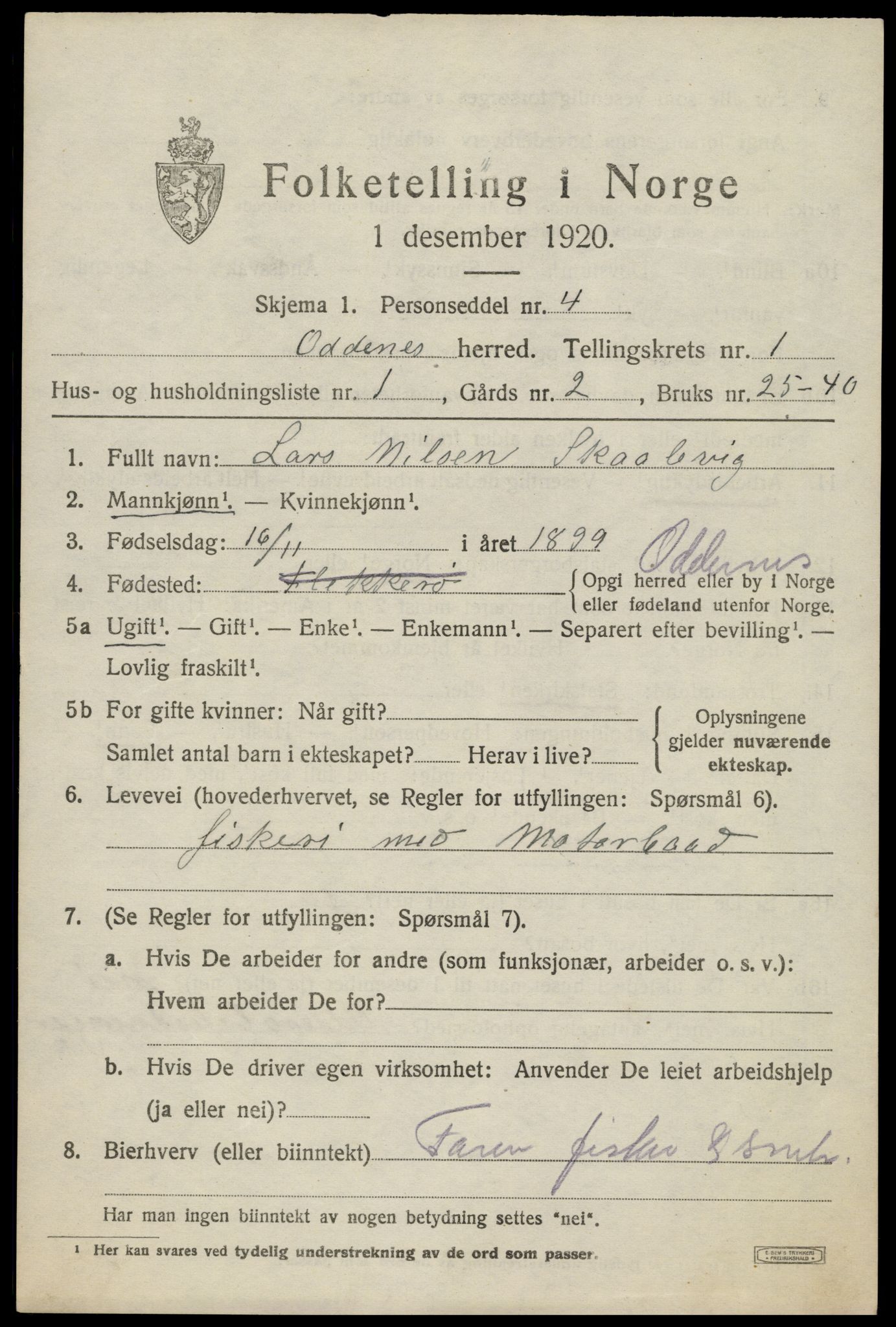 SAK, Folketelling 1920 for 1012 Oddernes herred, 1920, s. 2003