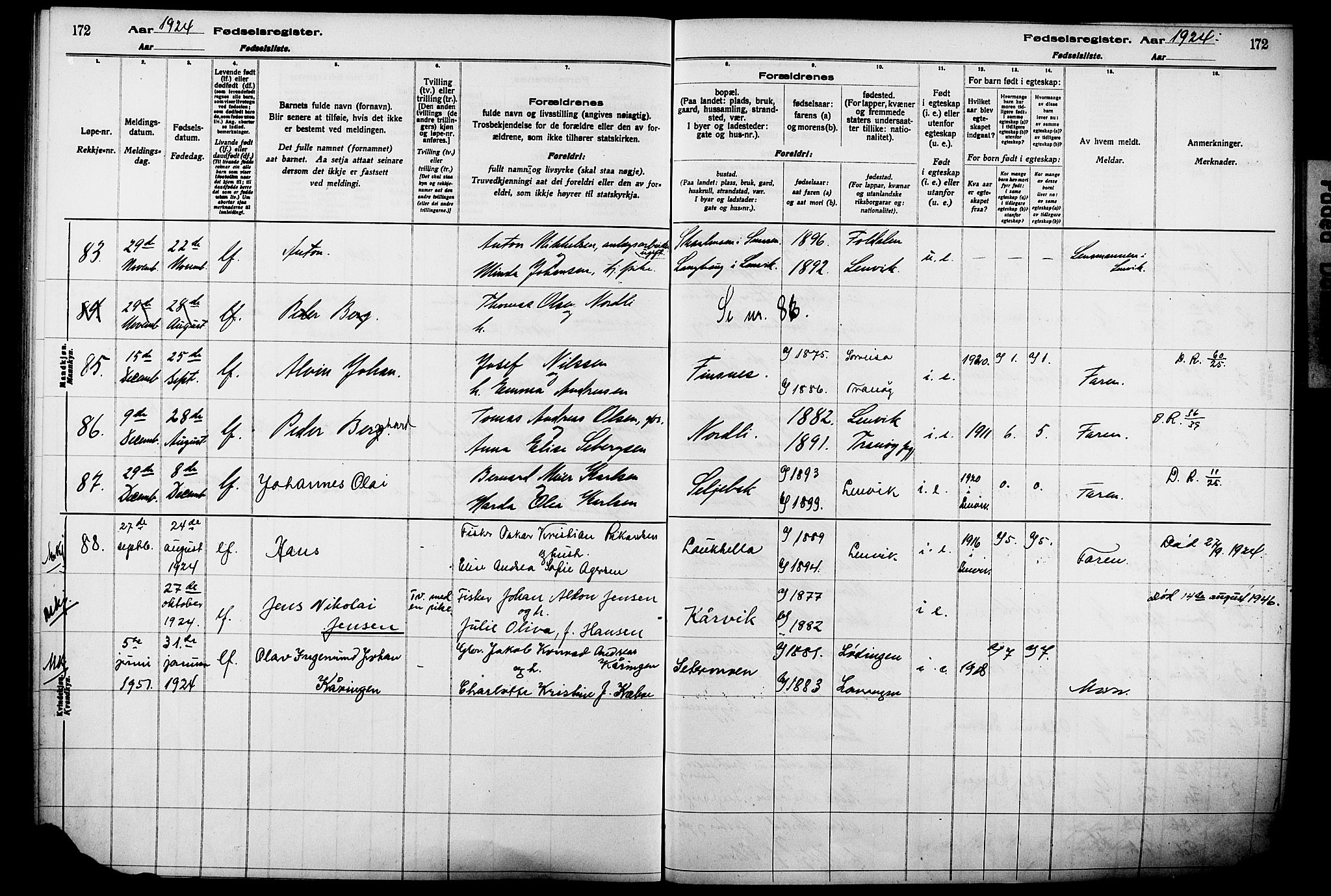 Lenvik sokneprestembete, AV/SATØ-S-1310/I/Ic/L0089: Fødselsregister nr. 89, 1916-1926, s. 172