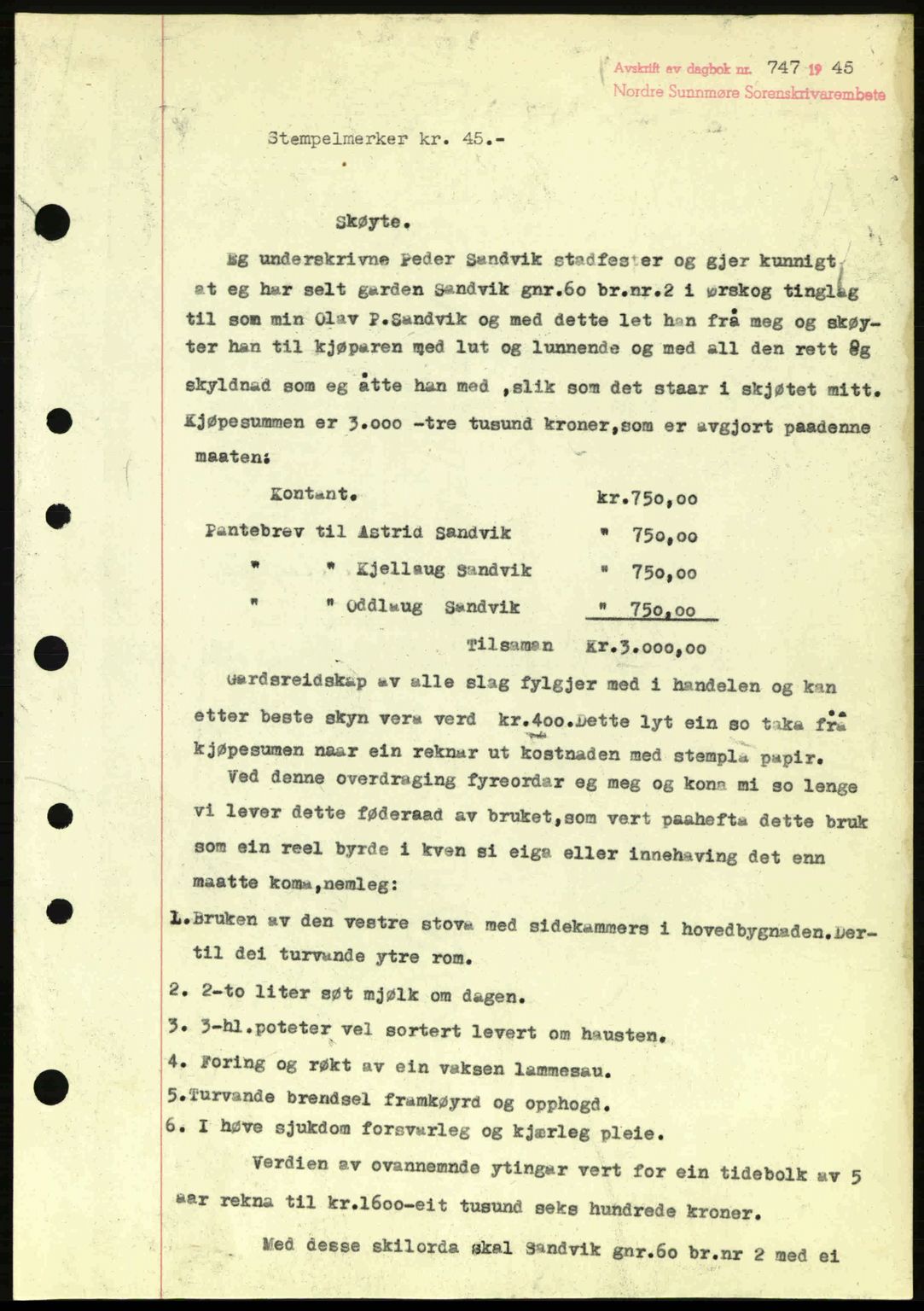 Nordre Sunnmøre sorenskriveri, AV/SAT-A-0006/1/2/2C/2Ca: Pantebok nr. A20a, 1945-1945, Dagboknr: 747/1945