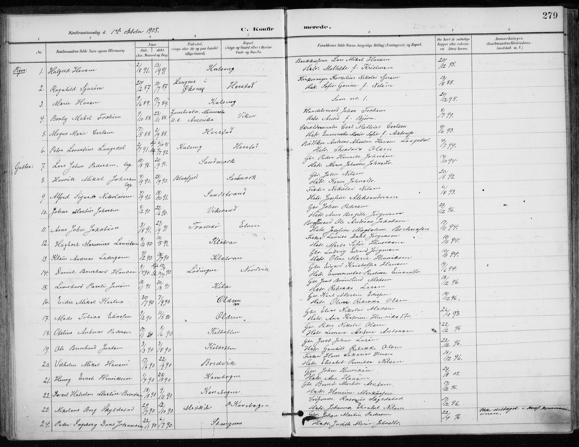 Trondenes sokneprestkontor, AV/SATØ-S-1319/H/Ha/L0017kirke: Ministerialbok nr. 17, 1899-1908, s. 279