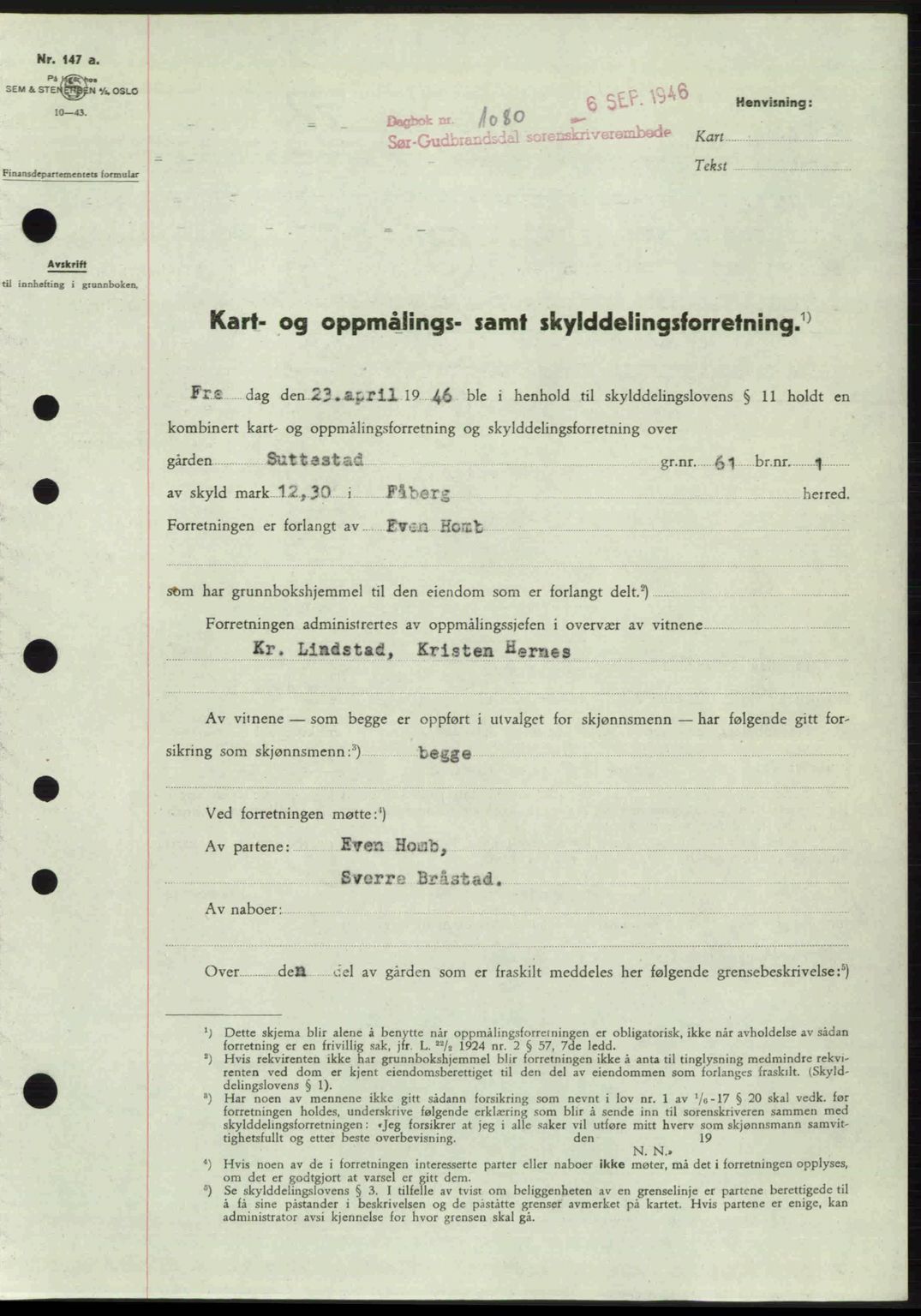 Sør-Gudbrandsdal tingrett, SAH/TING-004/H/Hb/Hbd/L0016: Pantebok nr. A16, 1946-1946, Dagboknr: 1080/1946