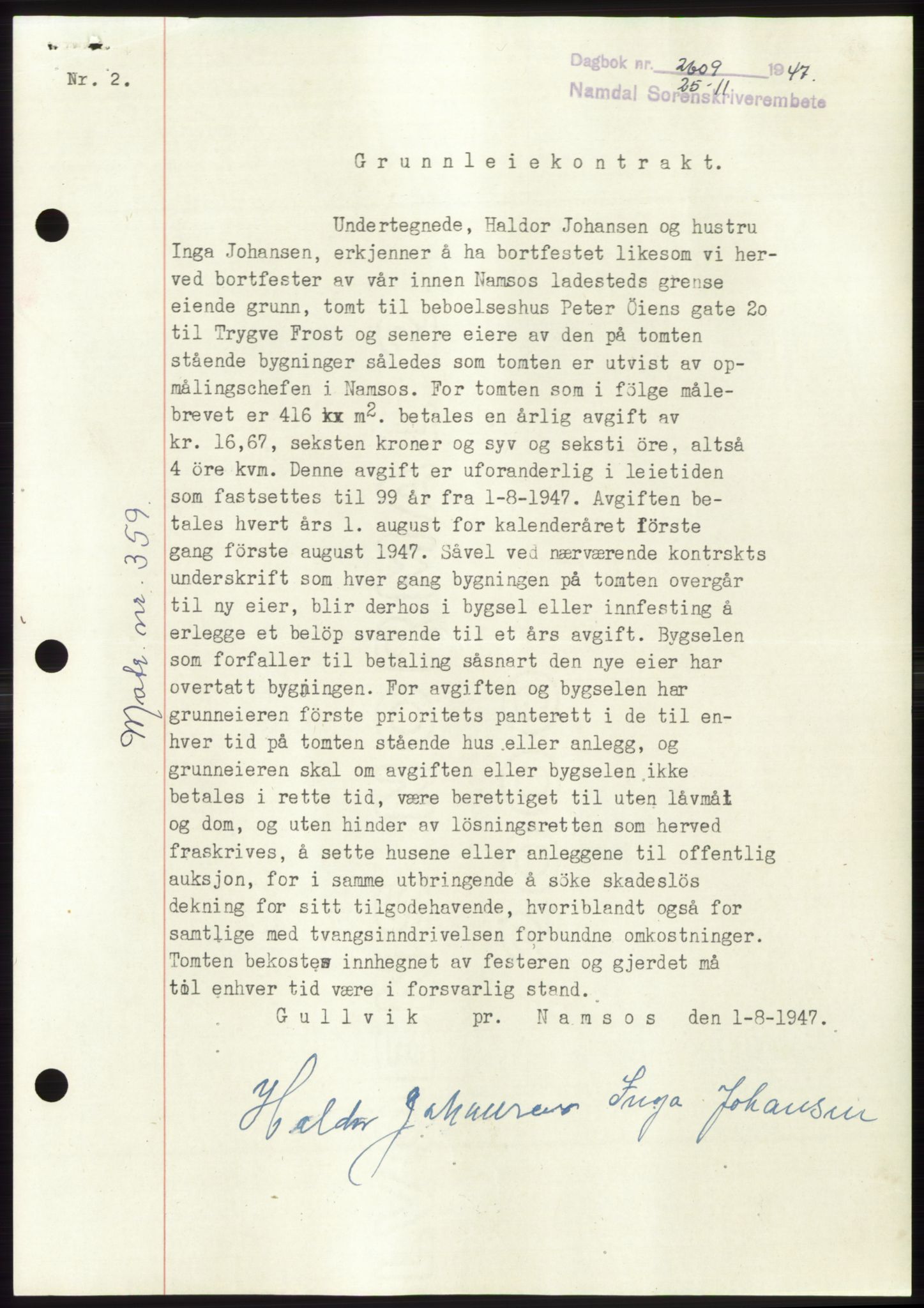 Namdal sorenskriveri, SAT/A-4133/1/2/2C: Pantebok nr. -, 1947-1948, Dagboknr: 2609/1947