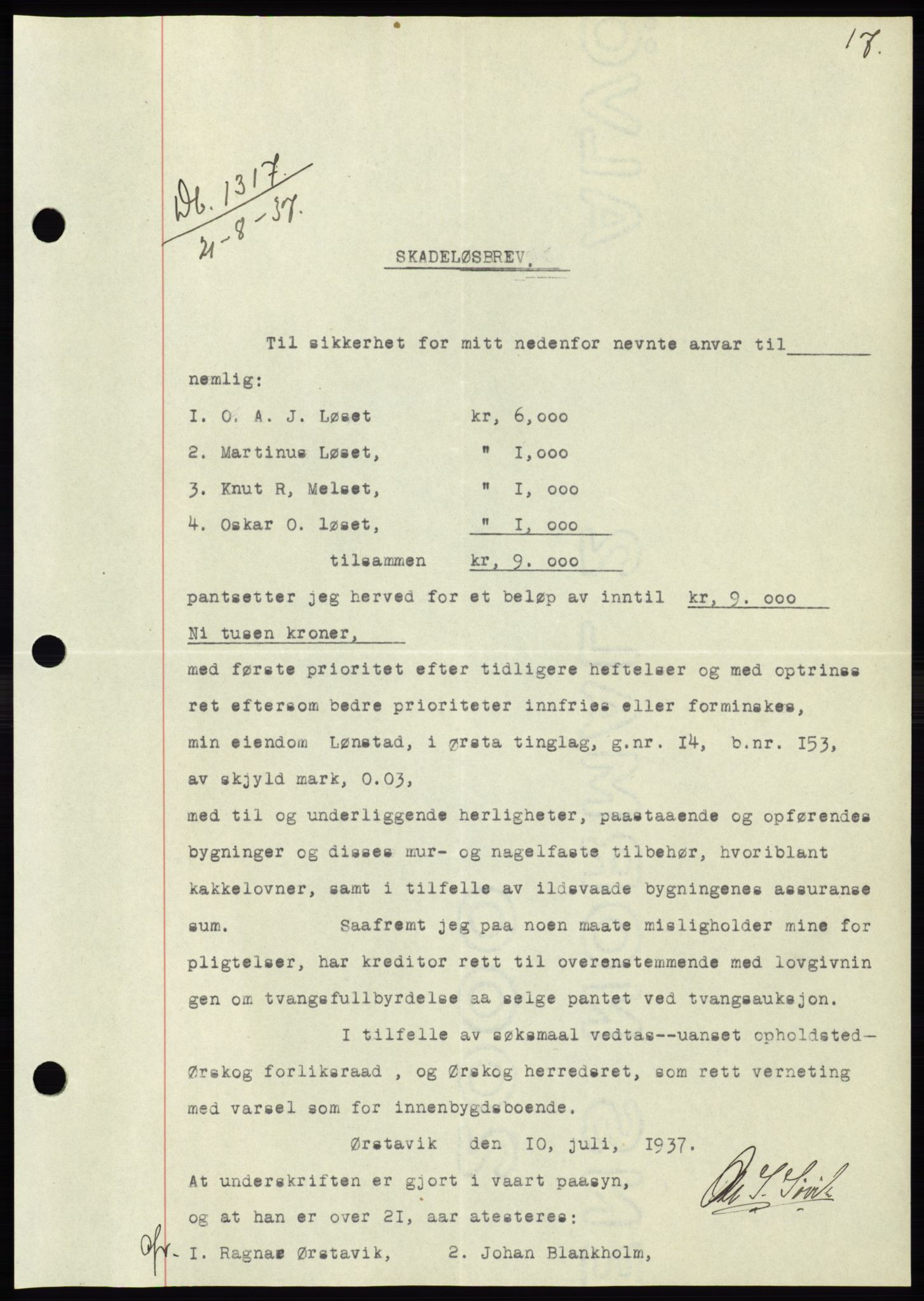 Søre Sunnmøre sorenskriveri, SAT/A-4122/1/2/2C/L0064: Pantebok nr. 58, 1937-1938, Dagboknr: 1317/1937