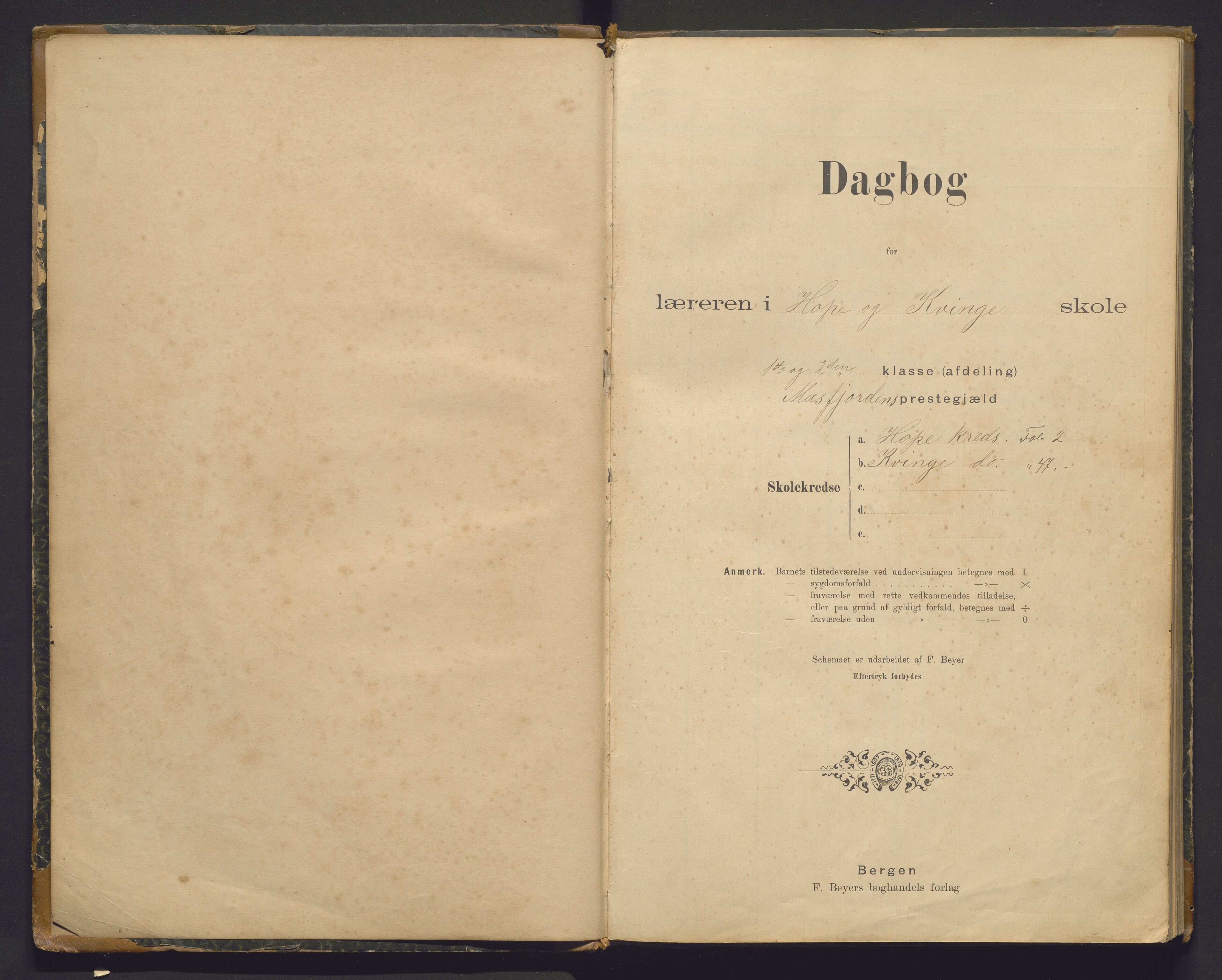 Masfjorden kommune. Barneskulane, IKAH/1266-231/G/Ga/L0028: Dagbok for læraren i Hope og Kvinge krinsar, 1900-1912