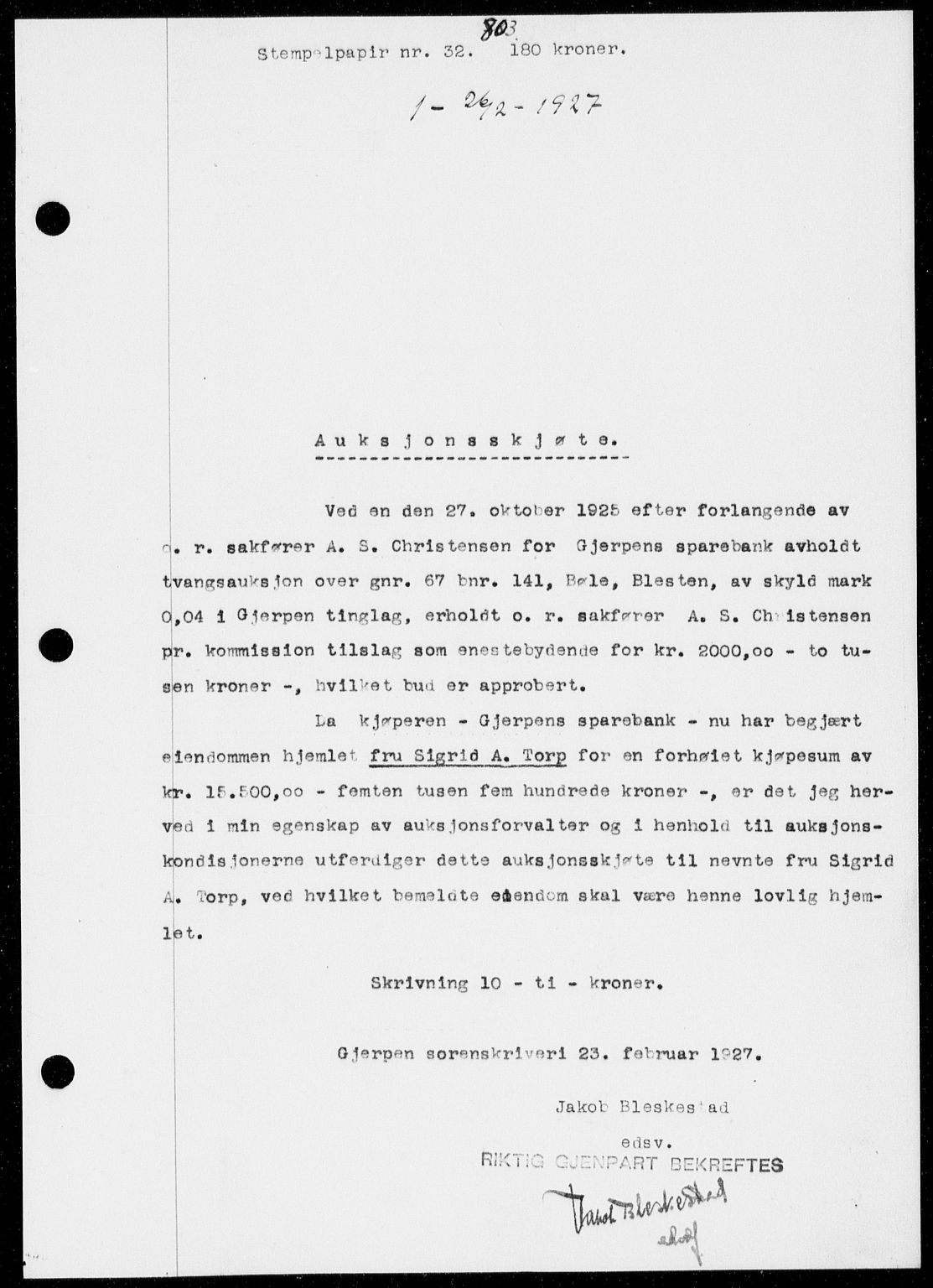Gjerpen sorenskriveri, SAKO/A-216/G/Ga/Gaa/L0048: Pantebok nr. I 48 og 50-51, 1926-1928, Tingl.dato: 26.02.1927