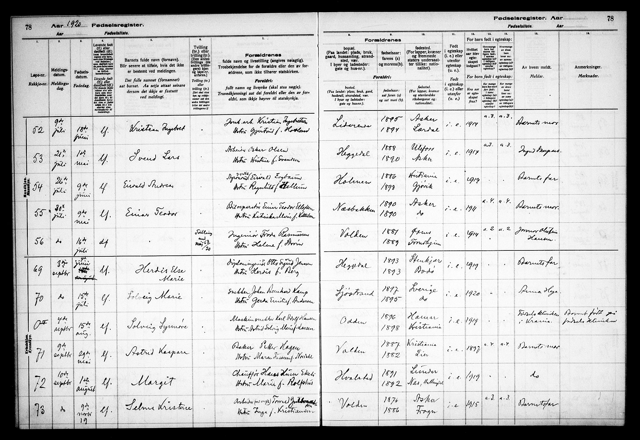 Asker prestekontor Kirkebøker, AV/SAO-A-10256a/J/L0001: Fødselsregister nr. 1, 1916-1925, s. 78