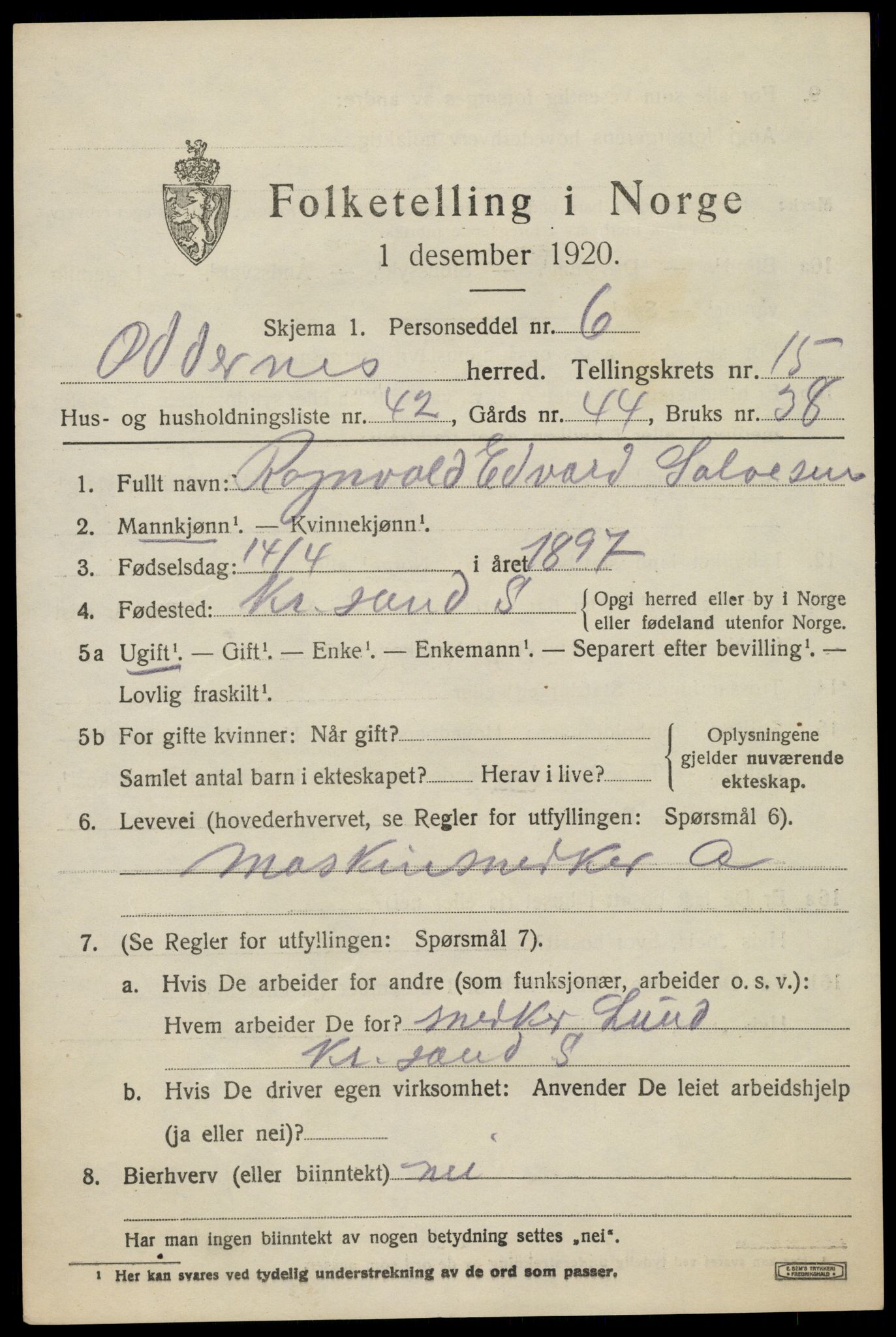 SAK, Folketelling 1920 for 1012 Oddernes herred, 1920, s. 10489