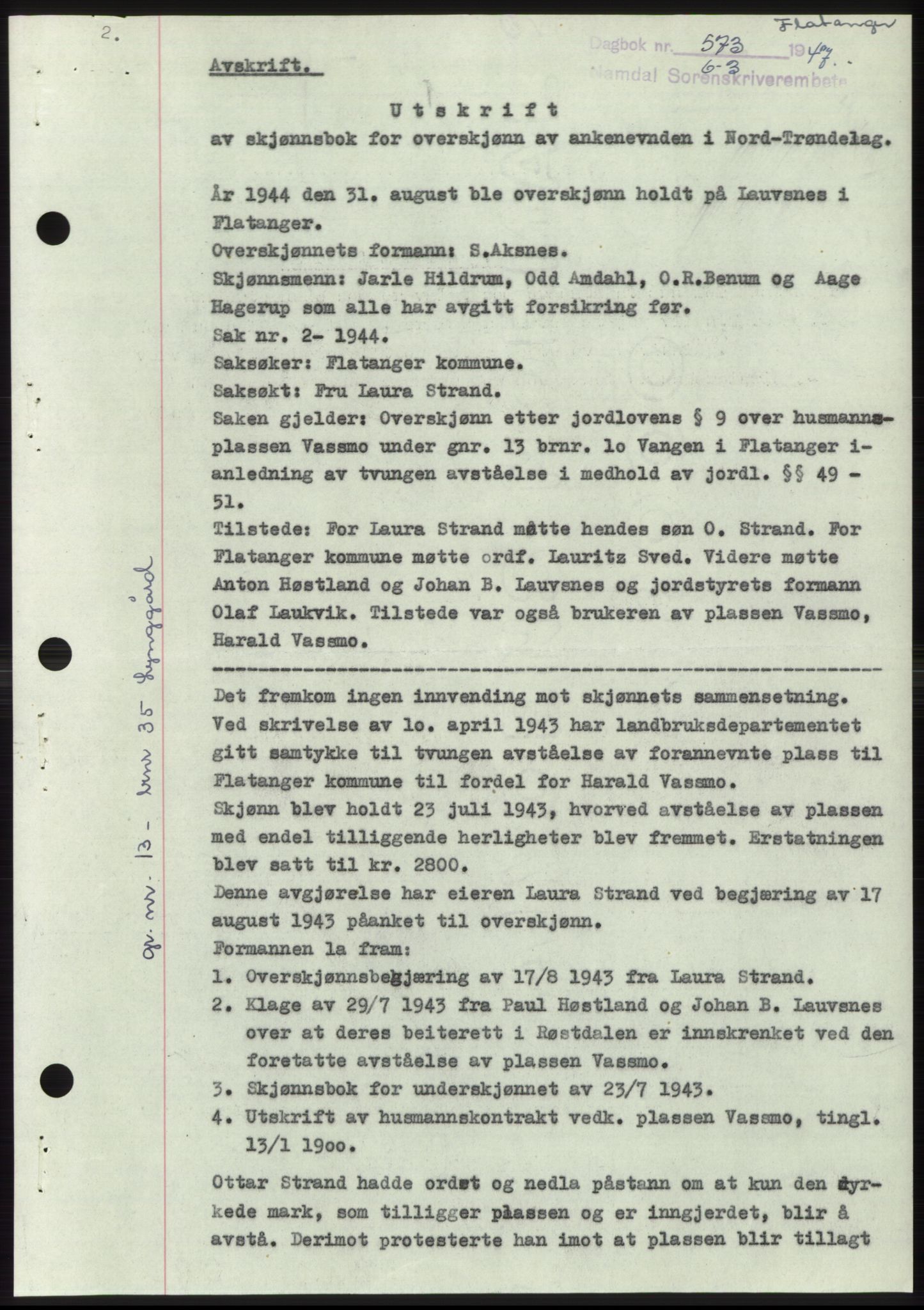 Namdal sorenskriveri, SAT/A-4133/1/2/2C: Pantebok nr. -, 1946-1947, Dagboknr: 573/1947