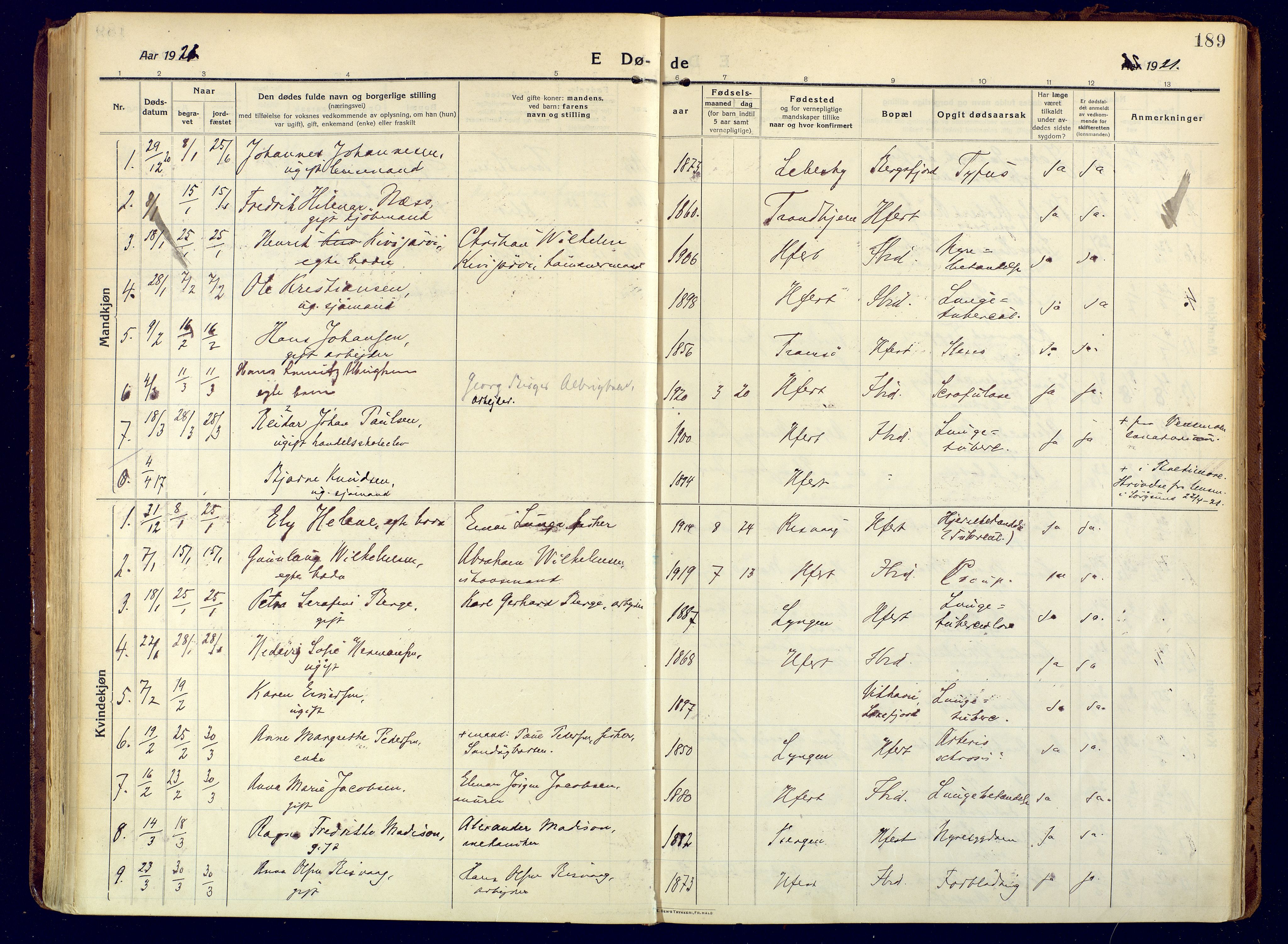 Hammerfest sokneprestkontor, SATØ/S-1347/H/Ha/L0015.kirke: Ministerialbok nr. 15, 1916-1923, s. 189