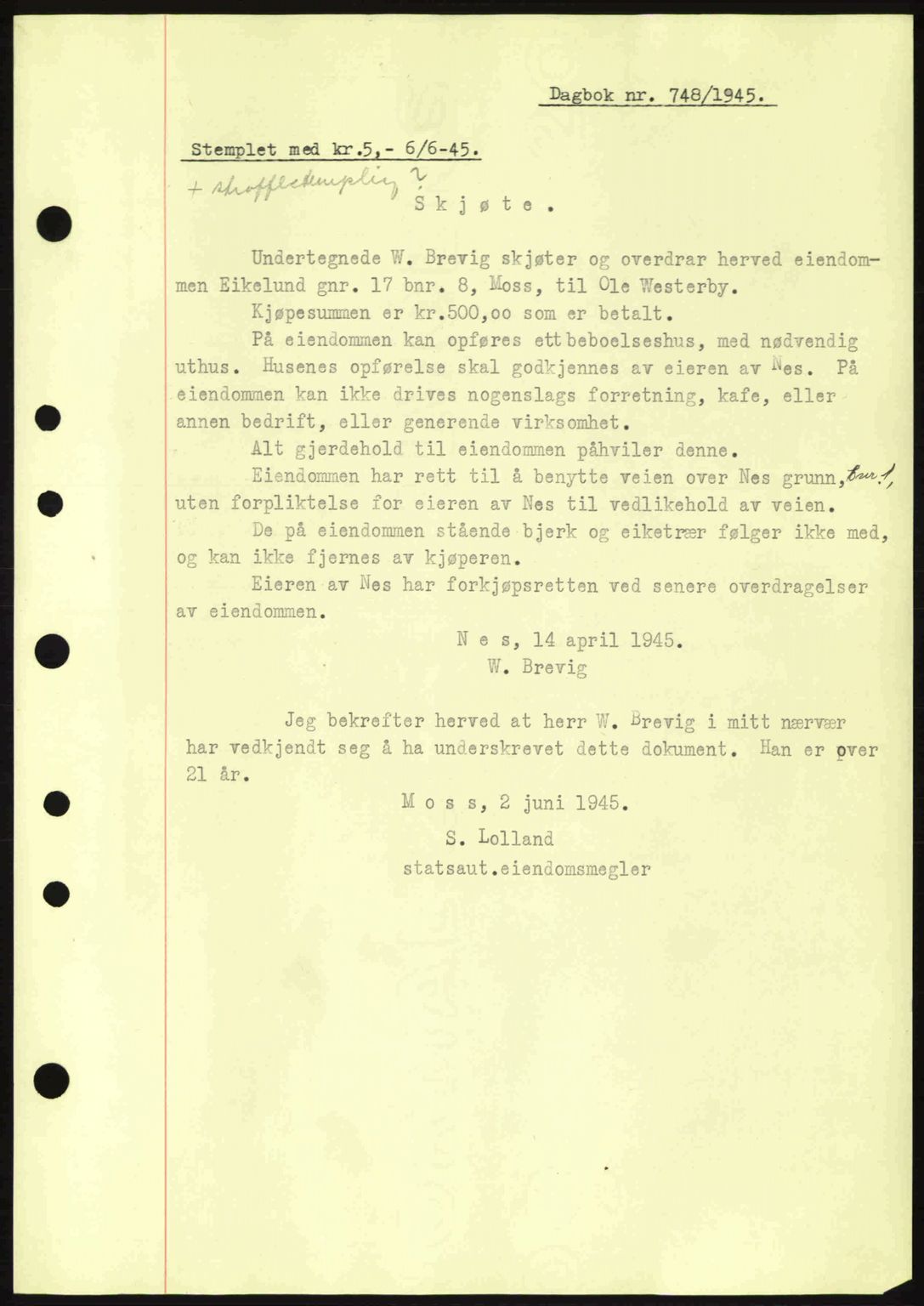 Moss sorenskriveri, SAO/A-10168: Pantebok nr. A13, 1944-1945, Dagboknr: 748/1945