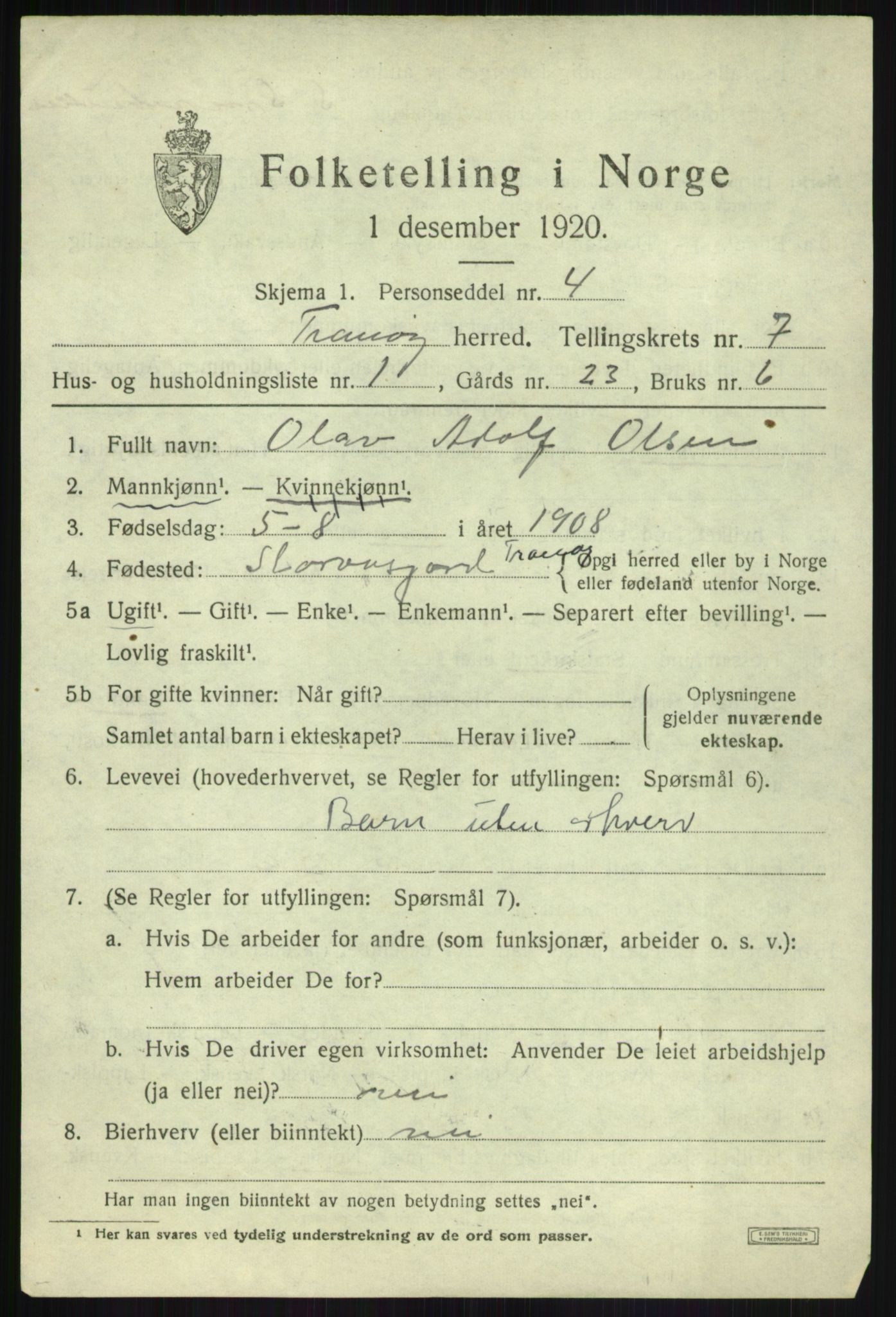 SATØ, Folketelling 1920 for 1927 Tranøy herred, 1920, s. 3373