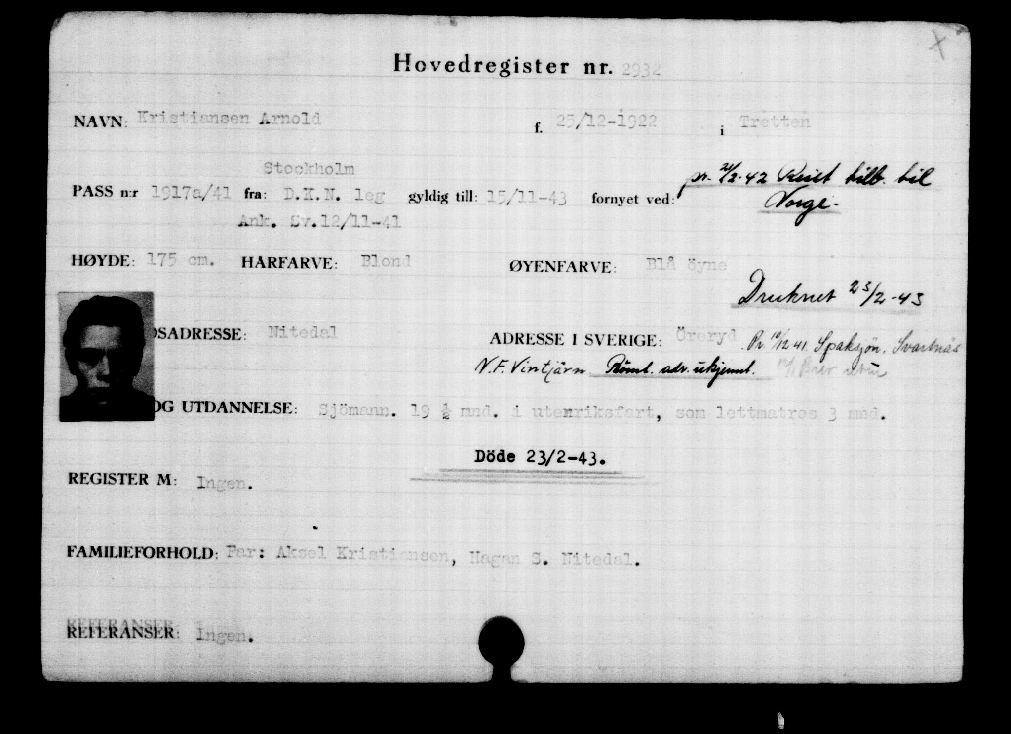Utenriksstasjonene, Legasjonen i Stockholm, Flyktningkontoret, AV/RA-S-6753/V/Va/L0003: Kjesäterkartoteket, flyktninger med registreringsnr. 2001-3495, 1940-1945, s. 1338