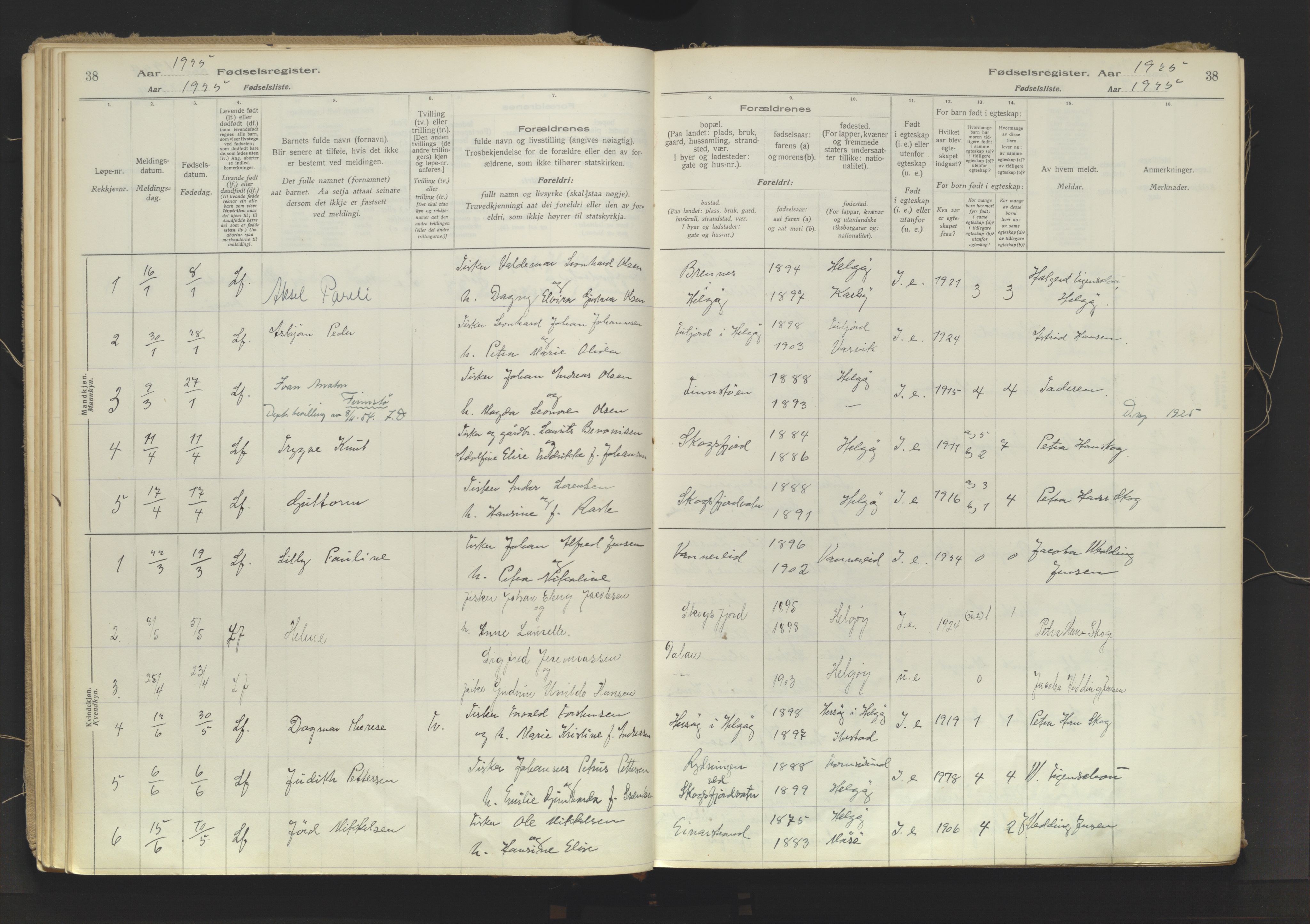 Karlsøy sokneprestembete, AV/SATØ-S-1299/I/Ic/L0067: Fødselsregister nr. 67, 1916-1958, s. 38