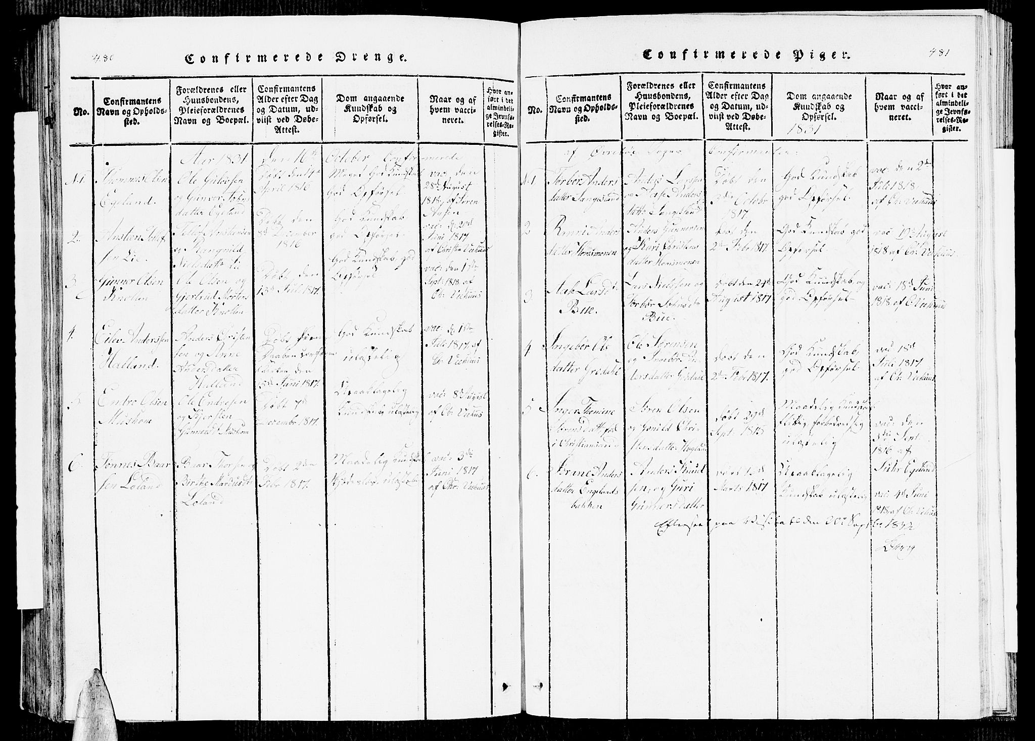 Vennesla sokneprestkontor, AV/SAK-1111-0045/Fb/Fbc/L0001: Klokkerbok nr. B 1, 1820-1834, s. 480-481